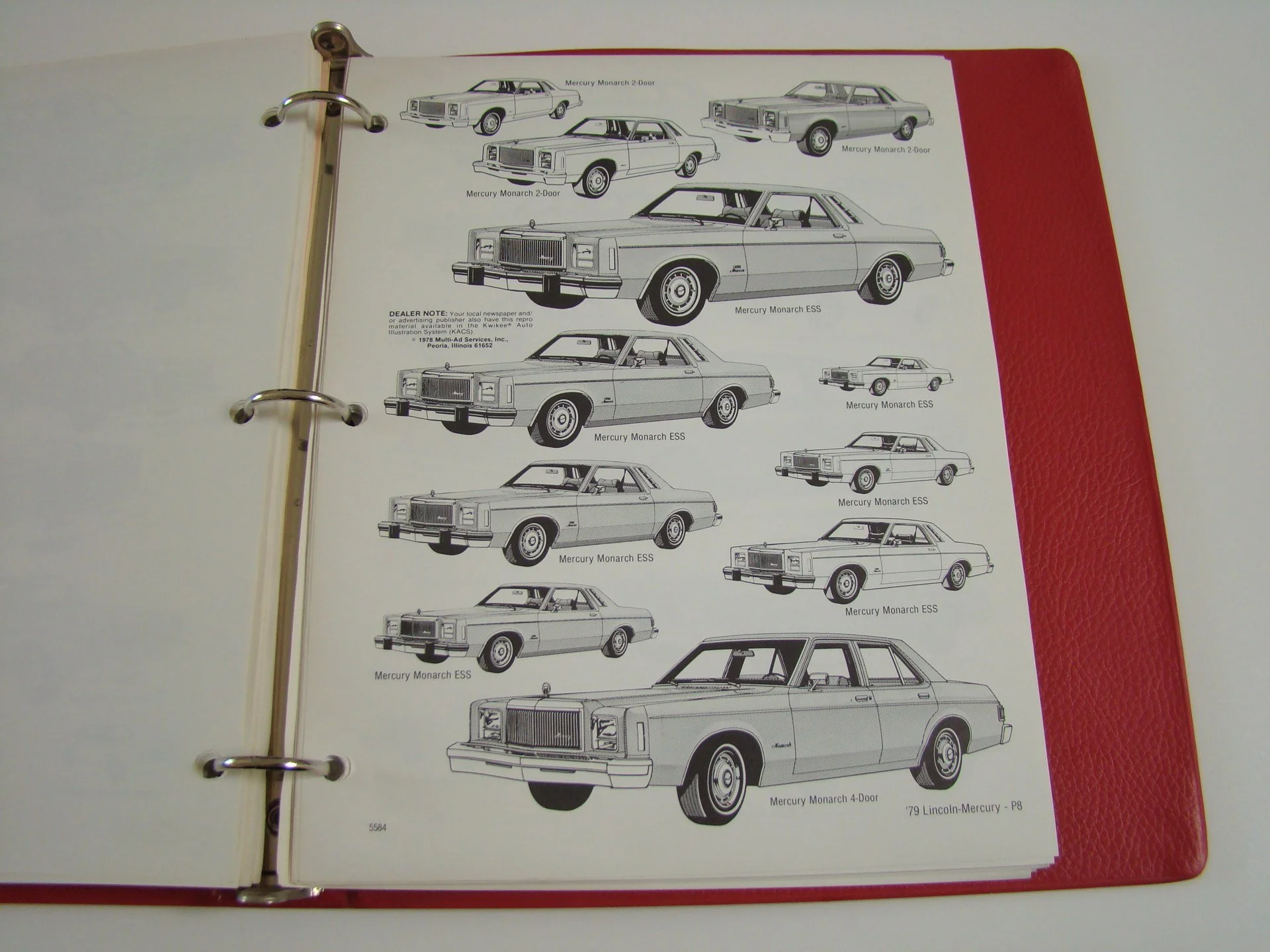 Page showing black-and-white illustrations of various Mercury Monarch and Lincoln-Mercury cars from 1979, labeled with model names and details.
