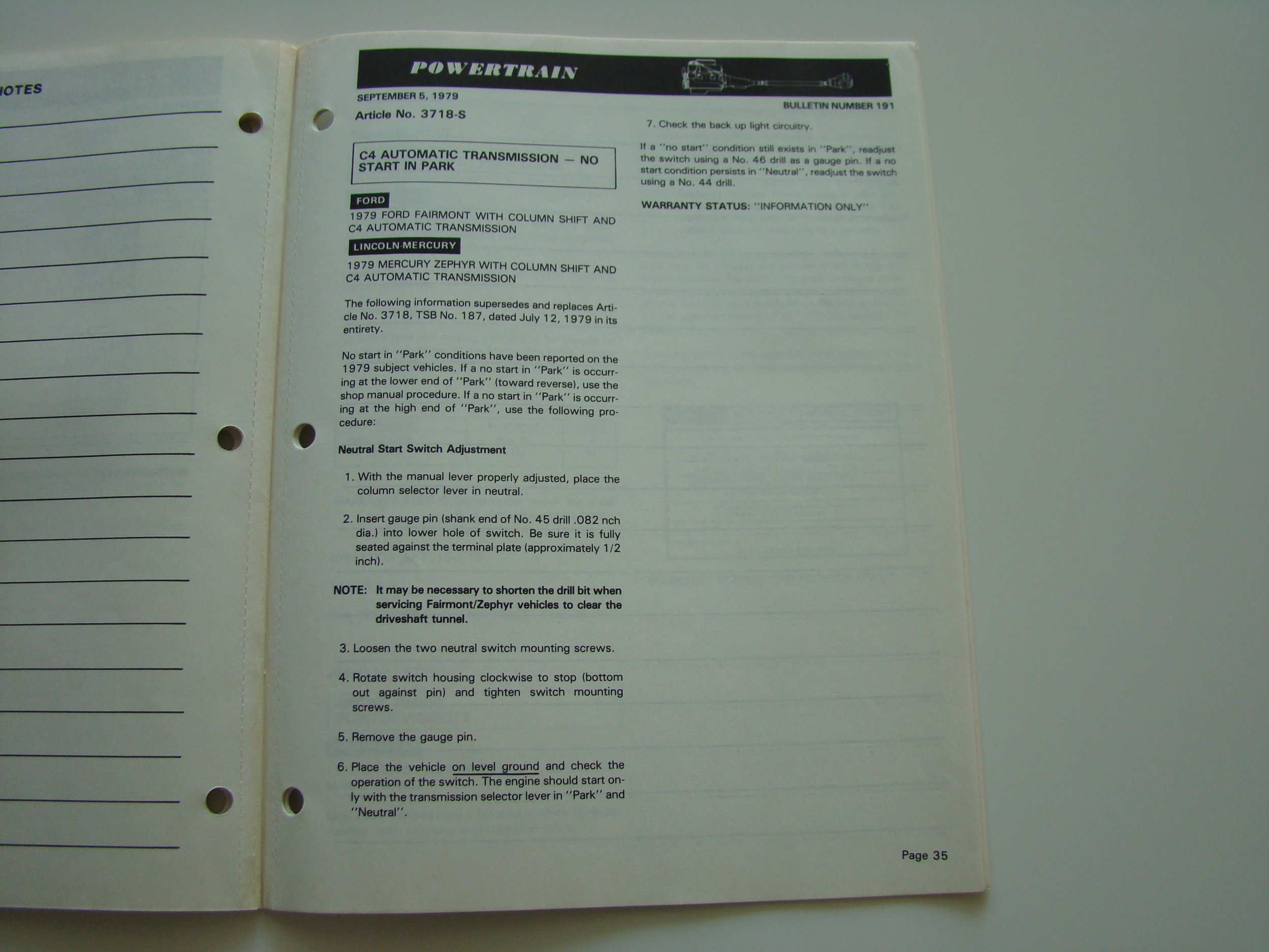 A page from a 1979 automotive manual titled 'Powertrain' providing instructions for neutral start switch adjustment for the C4 automatic transmission, including steps to insert a gauge pin and rotate switch housing.