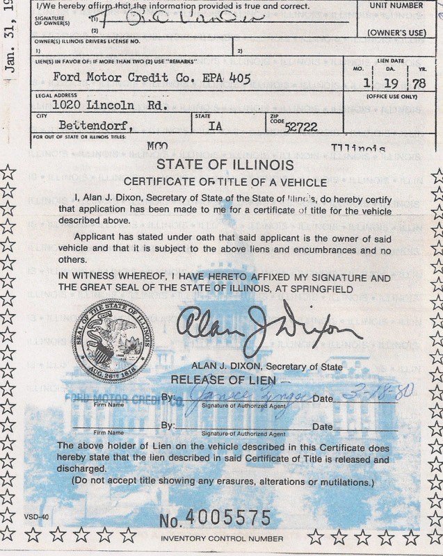 Illinois Certificate of Title for a vehicle, issued to Ford Motor Credit Co., with details including address at 1020 Lincoln Rd., Bettendorf, IA 52722, signed by Secretary of State Alan J. Dixon, and dated August 19, 1980.