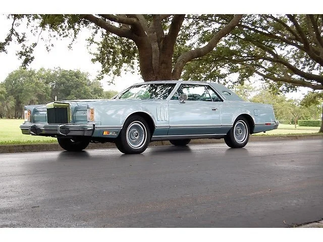 A vintage light blue luxury car parked on a paved road under a large leafy tree, with a grassy park in the background.