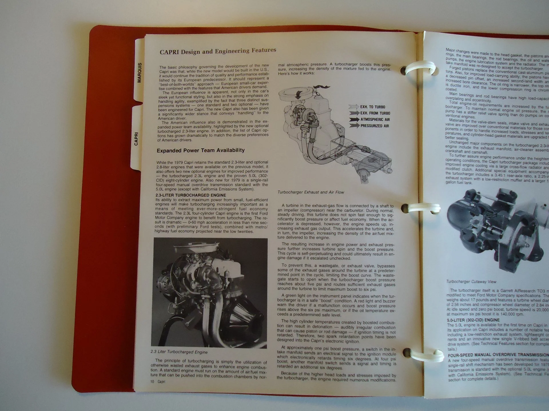 Open manual or brochure page with technical information about the Ford Capri's engine and turbocharger, including diagrams and specifications.