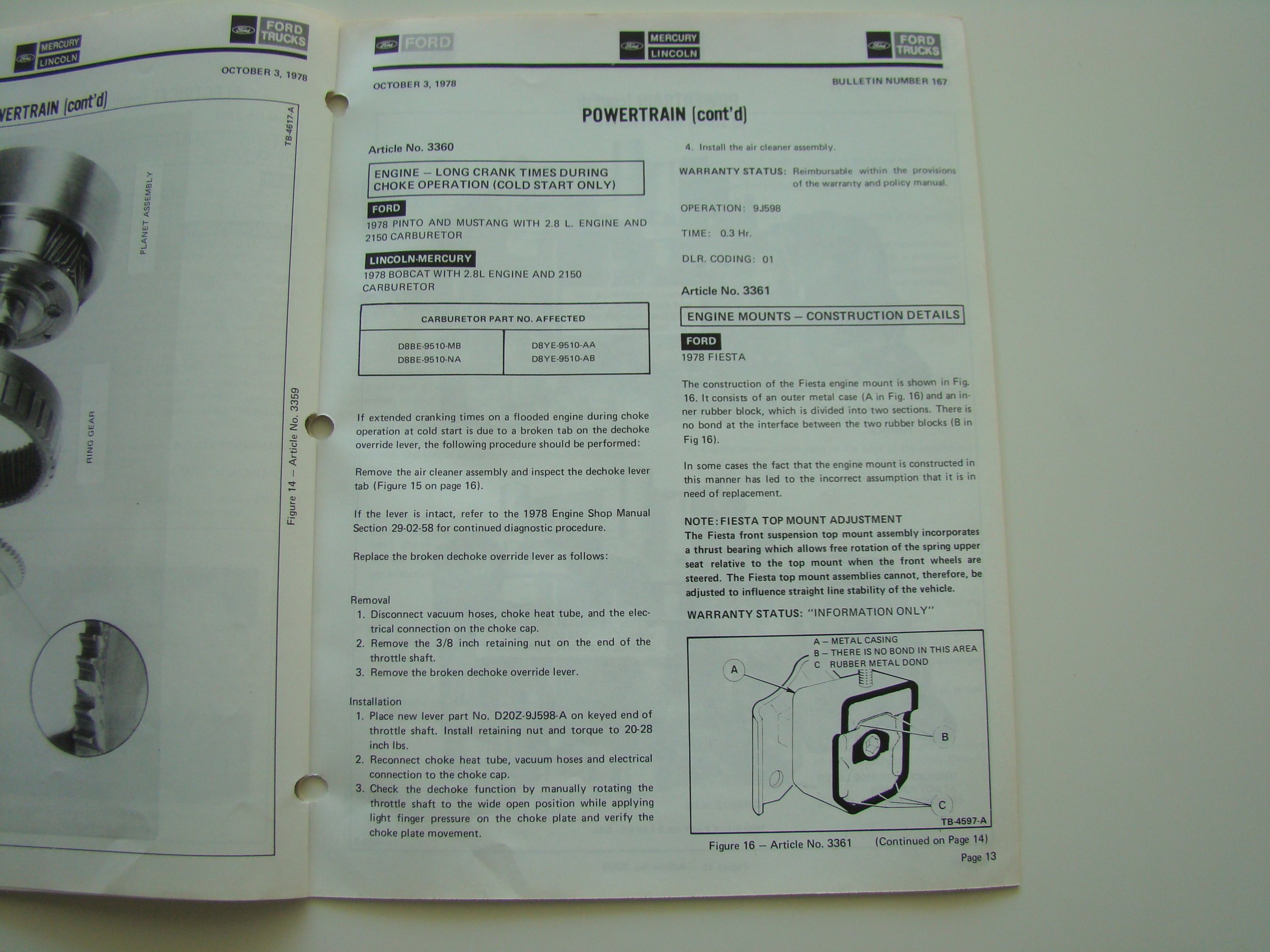 Open technical manual page showing sections about engine powertrain and engine mount construction details for Ford trucks from 1978, with diagrams and instructions for engine adjustments.