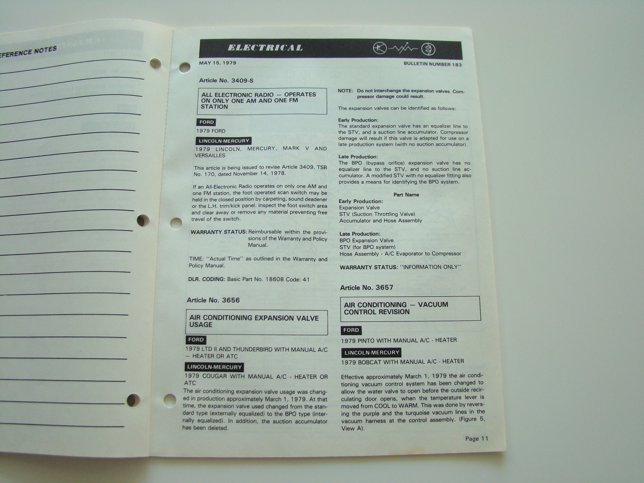 A page from an old technical manual with text about electrical and air conditioning expansion valves, dated May 15, 1979, with bullet points and technical specifications.