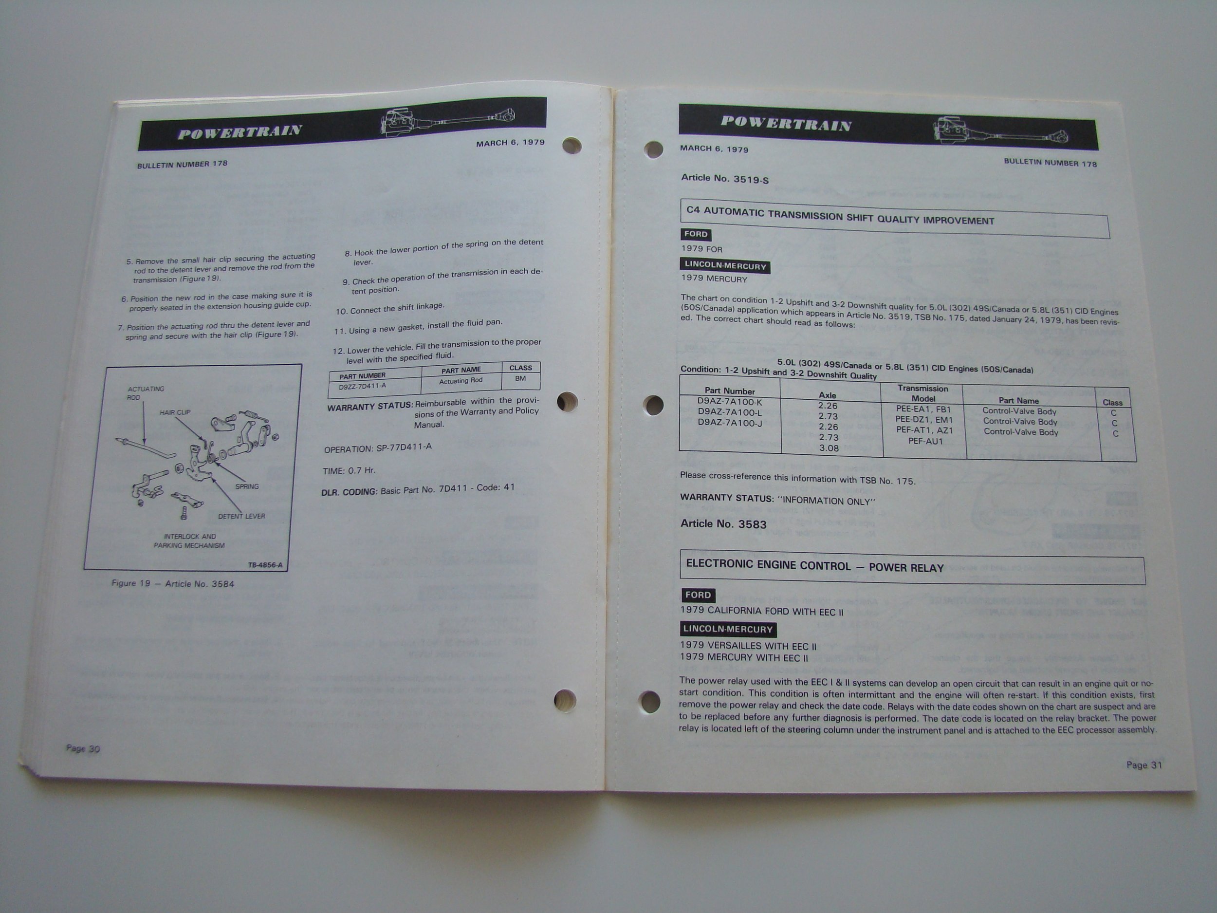 Open vehicle maintenance manuals for powertrain and electronic engine control, printed on white paper with black text and diagrams, dated March 6, 1979.