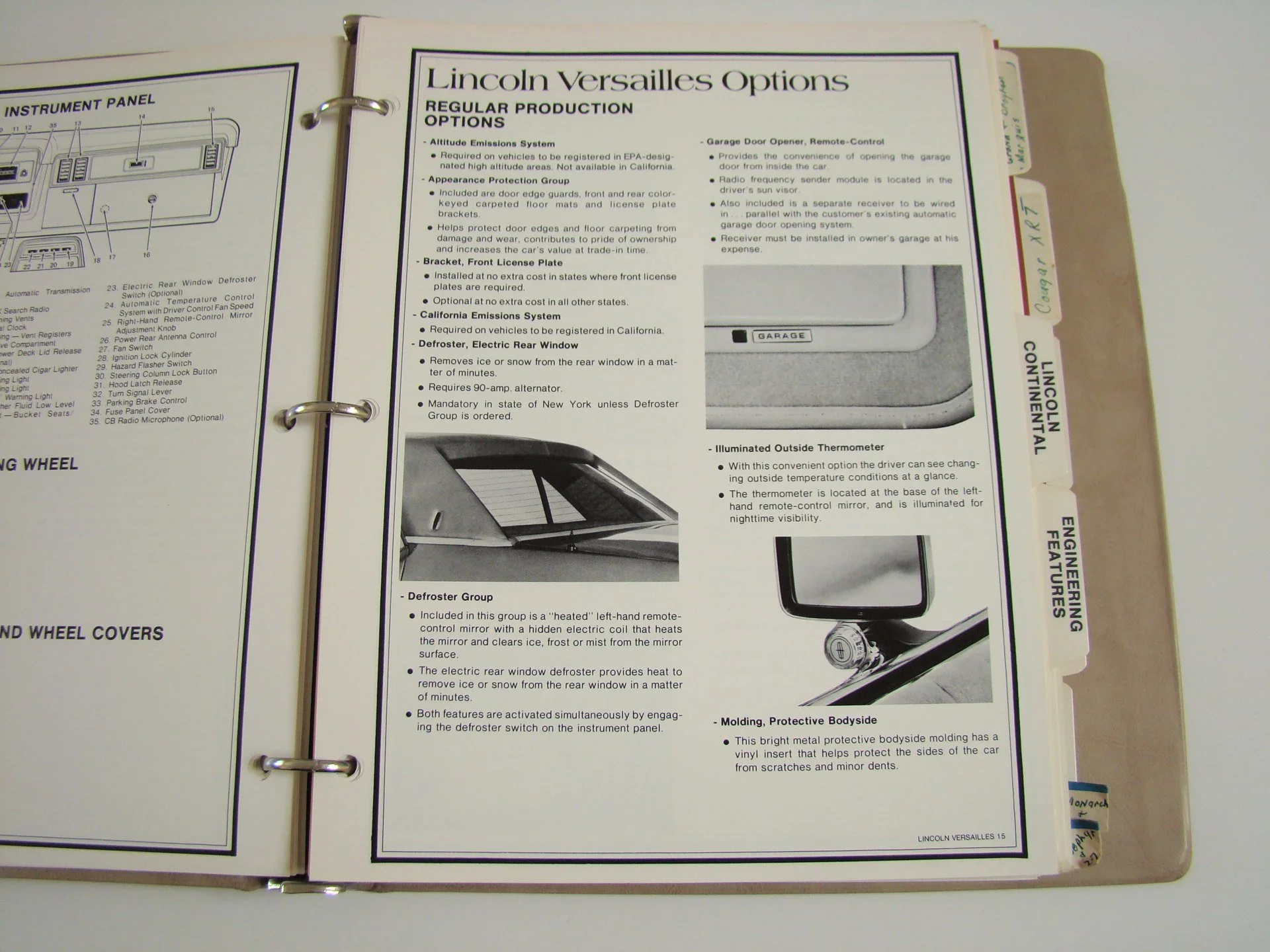 Page from a car manual showing options for Lincoln Versailles including defroster, remote controls, and outside thermometer.