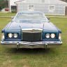 Front view of a classic blue car parked on grass