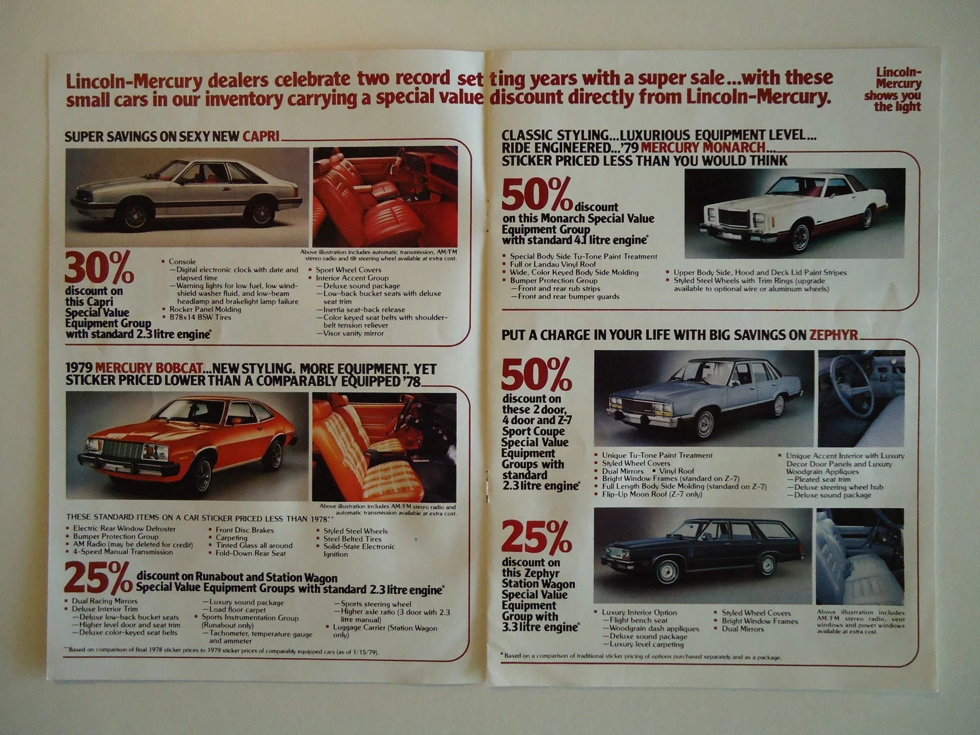 A vintage car sales advertisement showcasing various Lincoln-Mercury car models with discount offers, including images of a silver car, a red Mercury Bobcat, and a station wagon, alongside interior and exterior features listed.