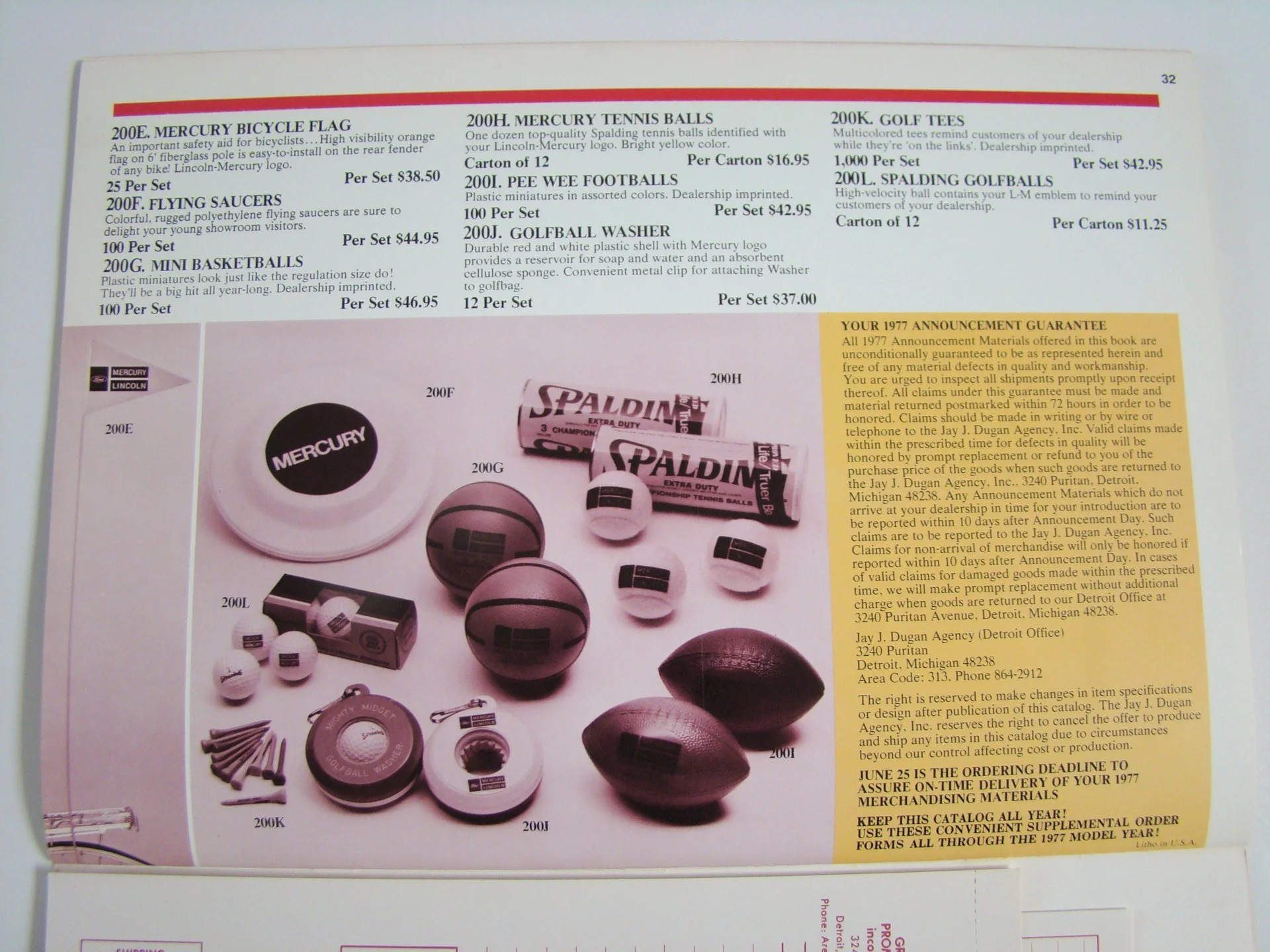 Page from a catalog showing various promotional sports and recreation items, including a Mercury bicycle flag, tennis balls, golf tees, golf balls, and foam footballs, with descriptive text and pricing.