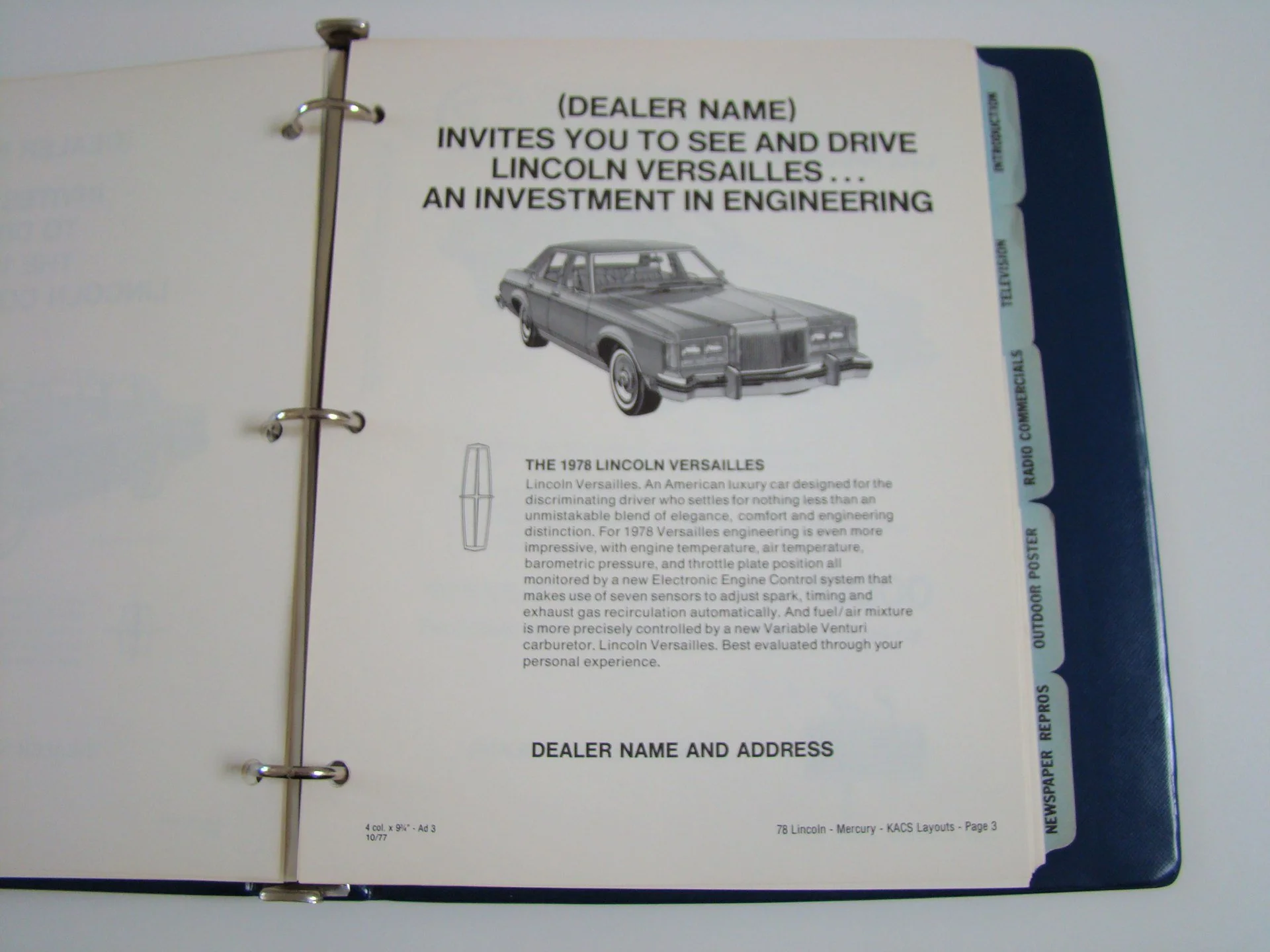 Page from a dealer brochure for the 1978 Lincoln Versailles, featuring an illustration of the car and text describing its engineering and features.