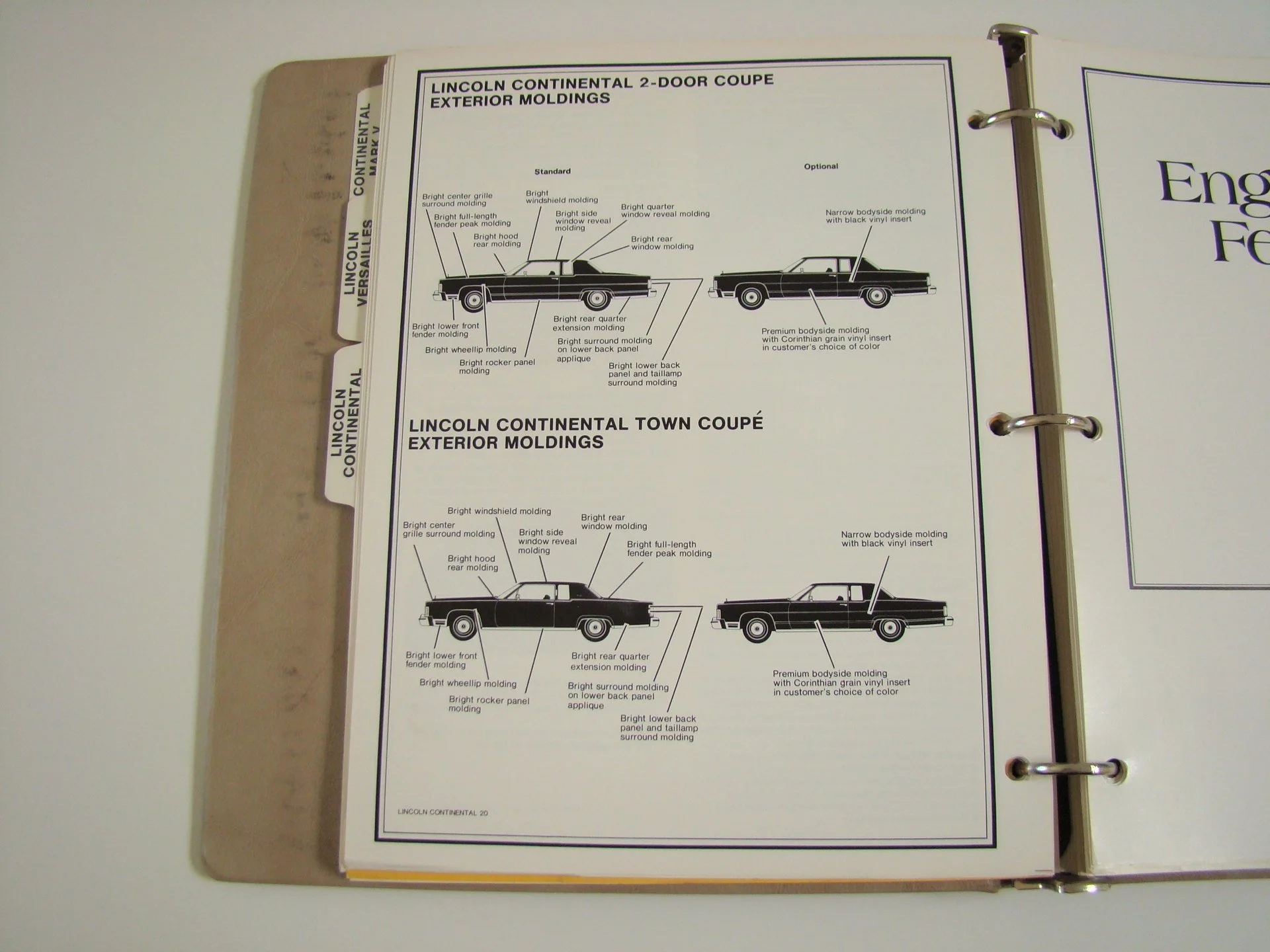 Page from a manual showing exterior moldings details for Lincoln Continental 2-Door Coupe and Town Coupé, with diagrams of side and front views and labels describing specific molding features.