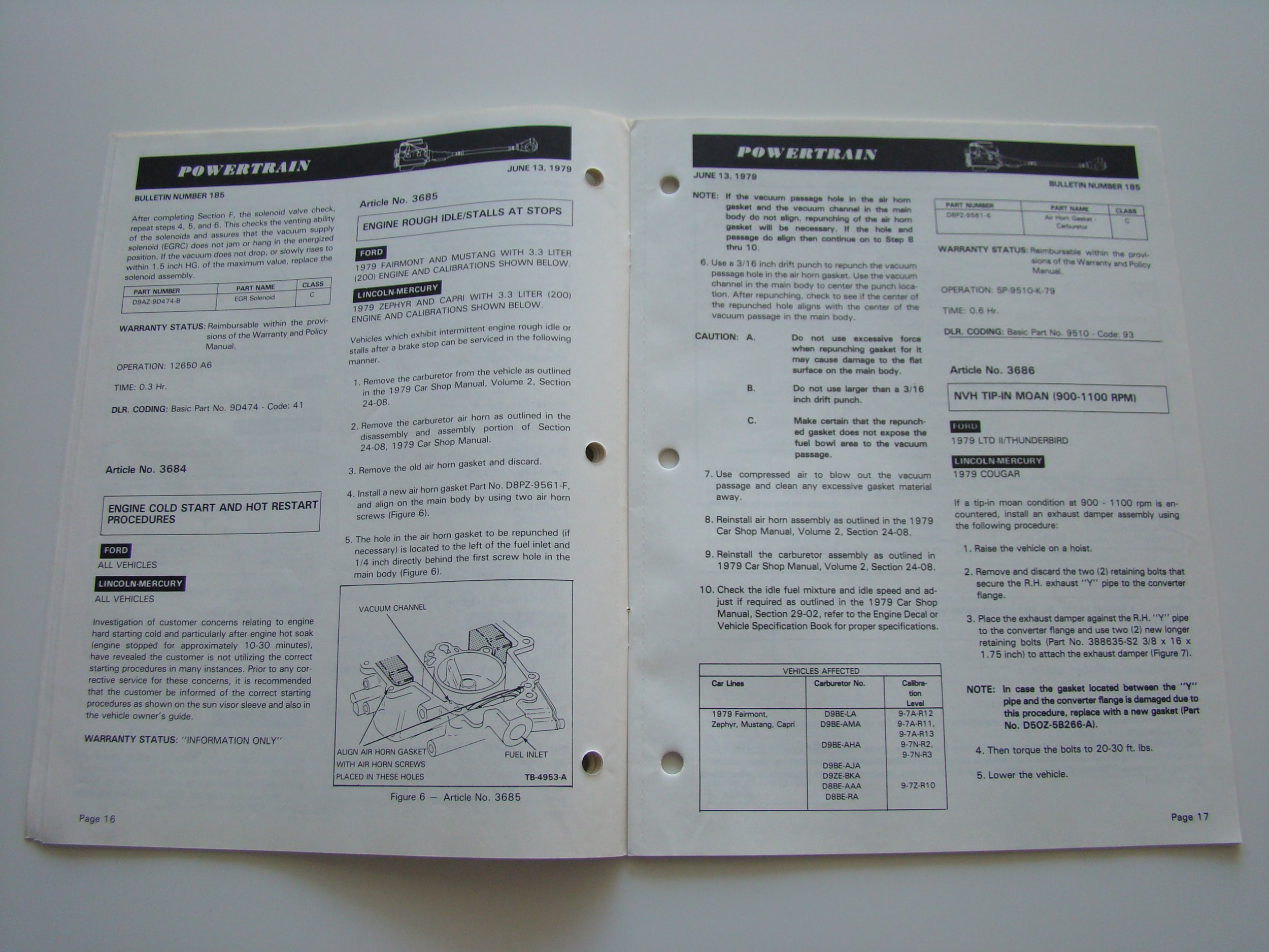 Open manual pages for engine cold start procedures, warning about vacuum passage hole, diagrams, and instructions for vehicle repair.