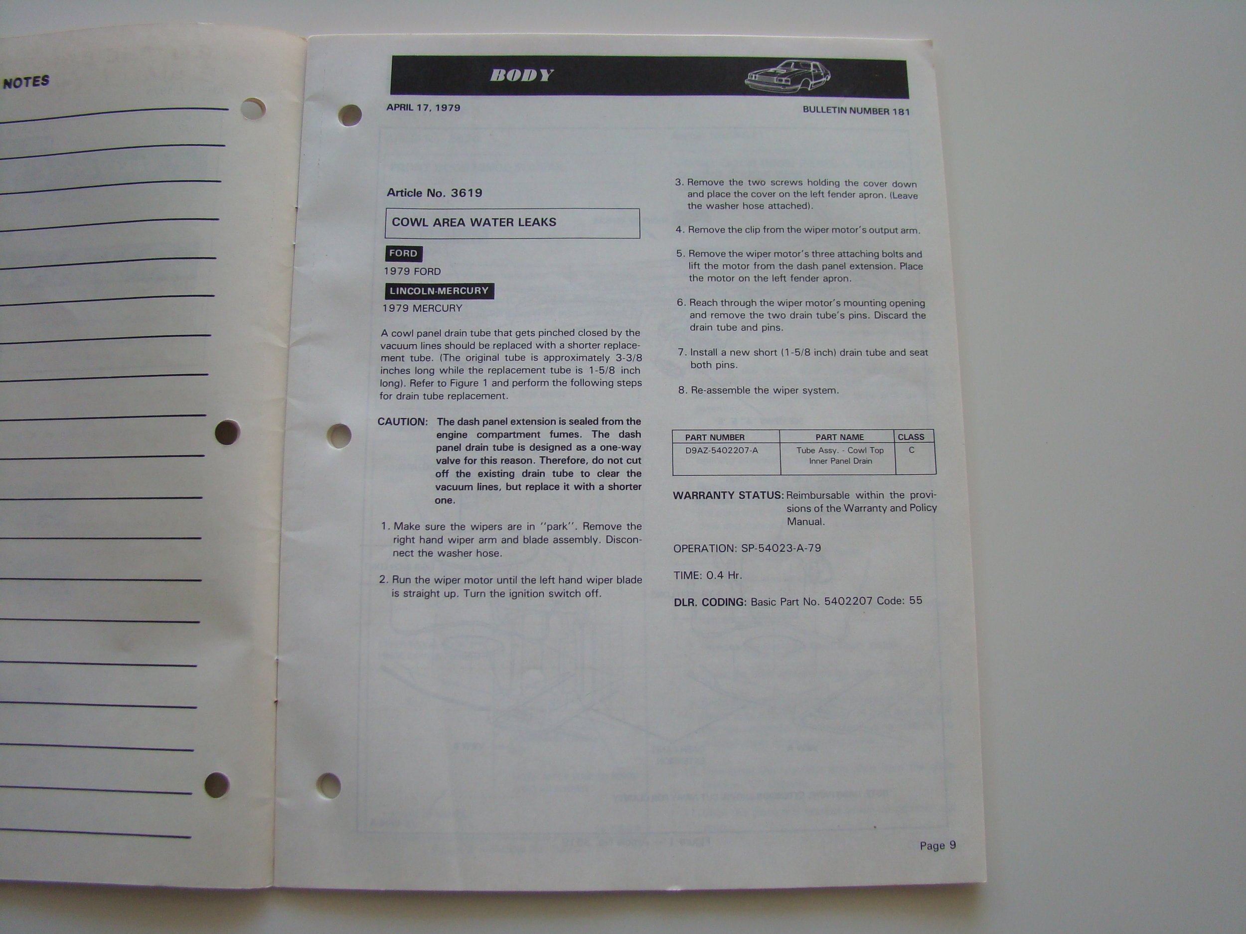 A technical manual page about cowl area water leaks for a 1979 Ford and Mercury car, including instructions for replacing the drain tube.