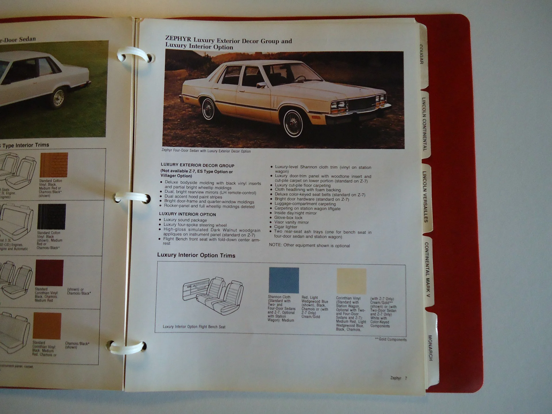 Page from a car brochure showing a classic beige sedan and descriptions of luxury exterior and interior options.