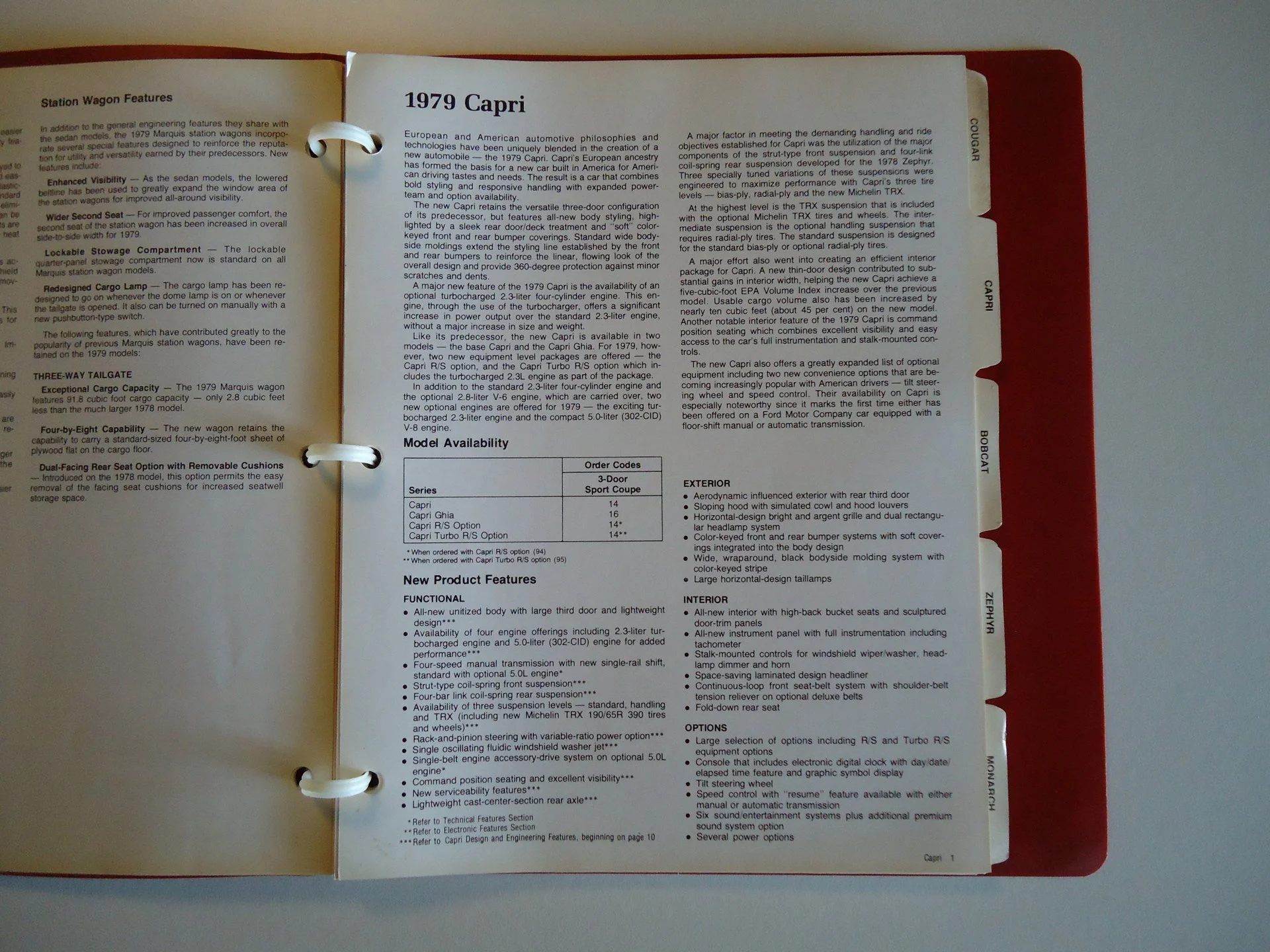 Open car brochure page with details about the 1979 Cadillac Capri, including features, model availability, and options.