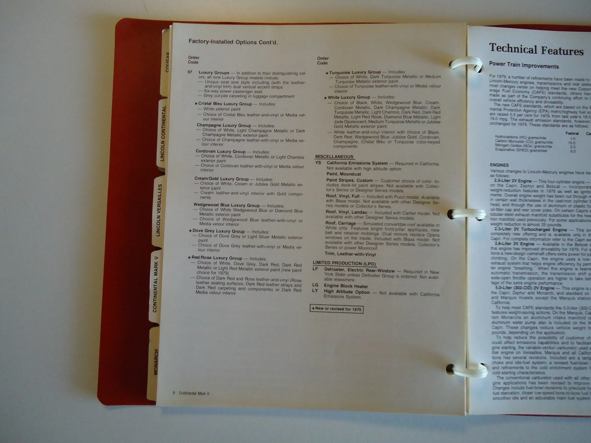 Page from a manual showing factory-installed options and technical features for Lincoln Continental Mark V, including different luxury exterior and interior color options, and California emissions system details.