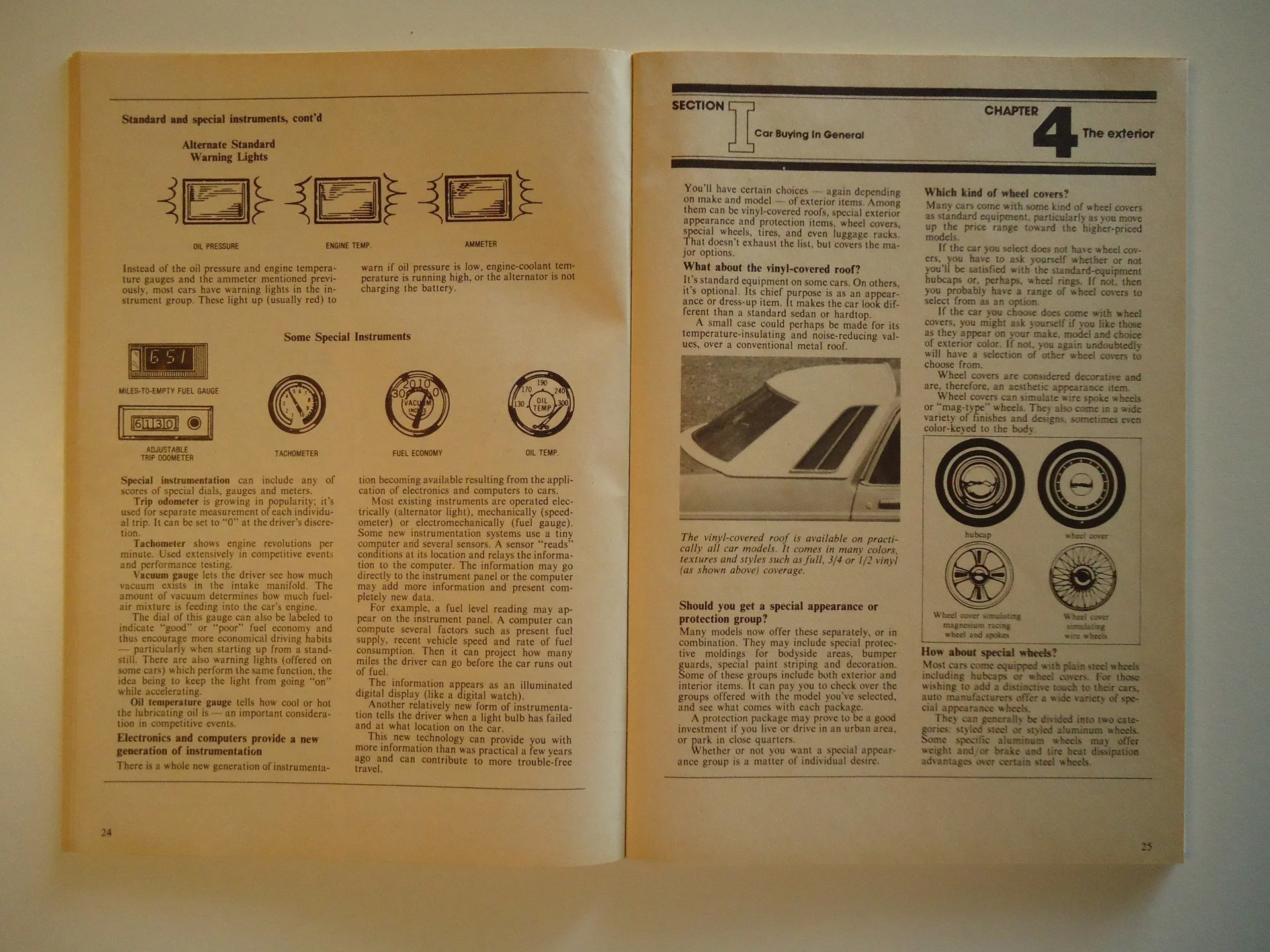 Open car manual showing pages about standard instruments, special instruments, and exterior features including vinyl-covered roof and wheel covers.