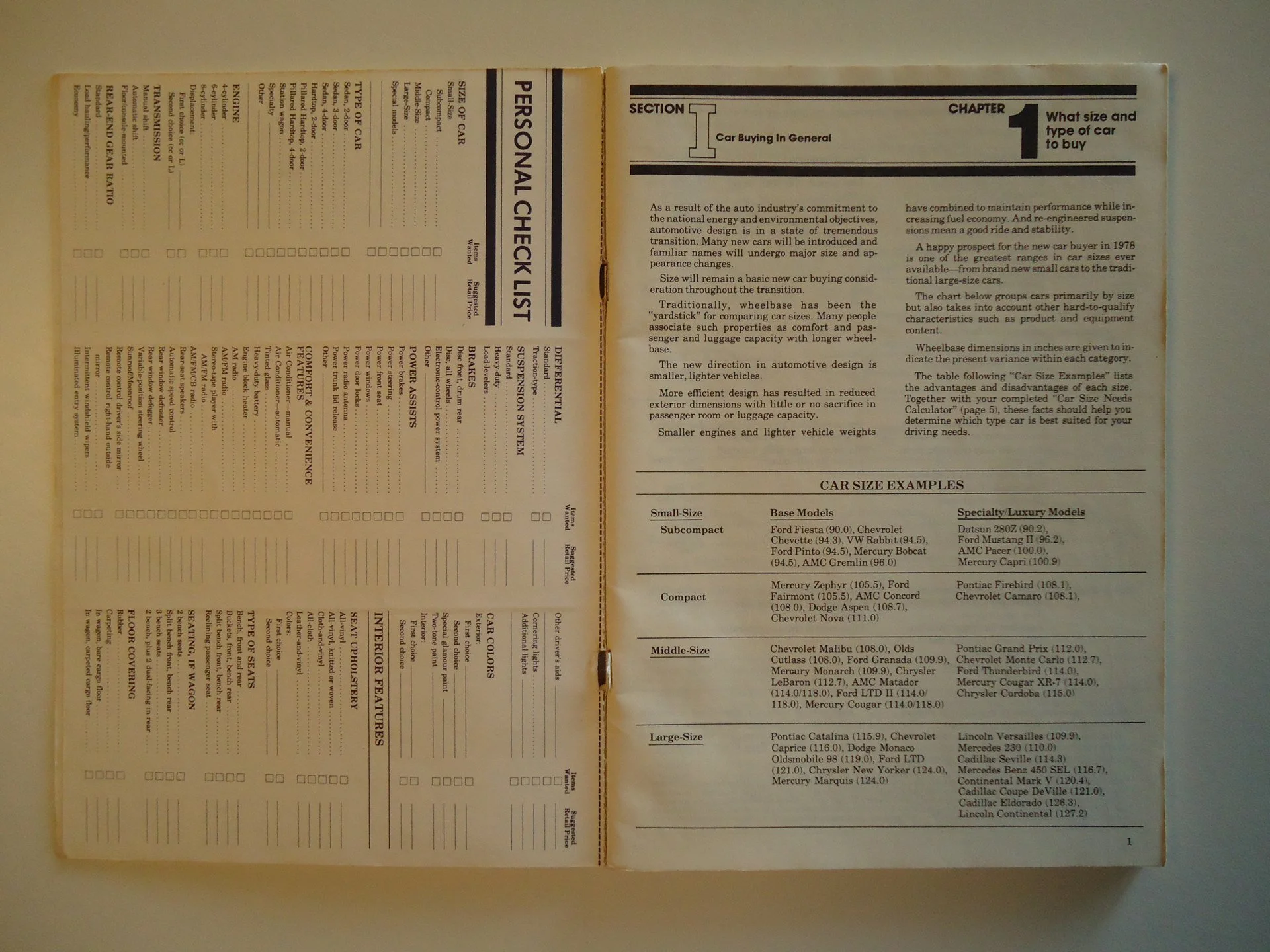 Open car buying guide booklet with sections on car size, features, and checklists.
