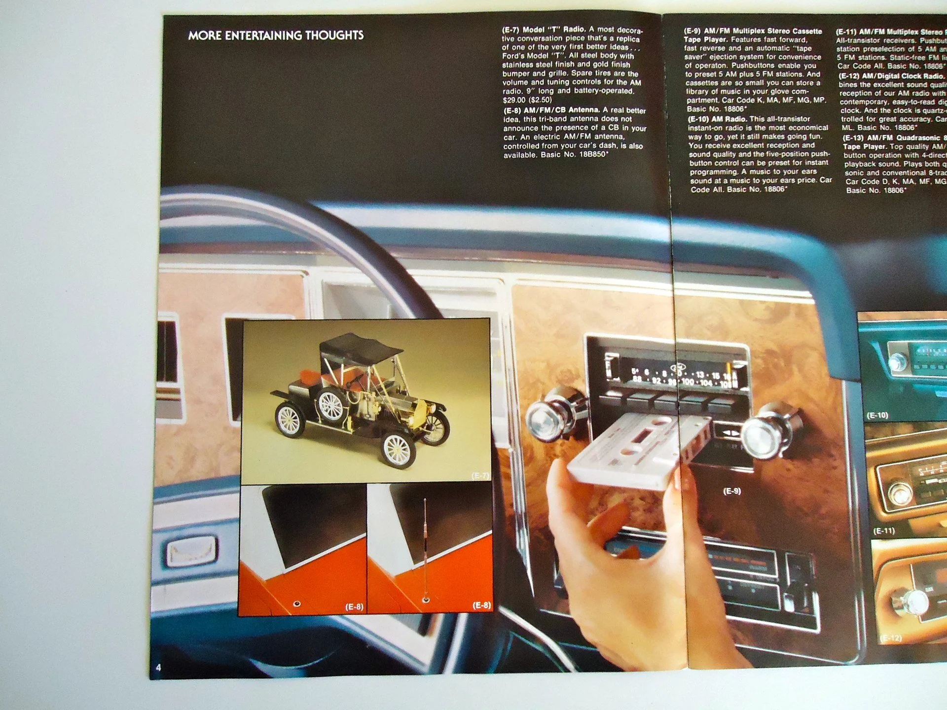 A close-up of a vintage car radio with a cassette tape inserted, with a person's hands adjusting the controls. A smaller inset shows a model car and detailed diagrams of its parts. There are multiple text blocks and labels describing various car radi