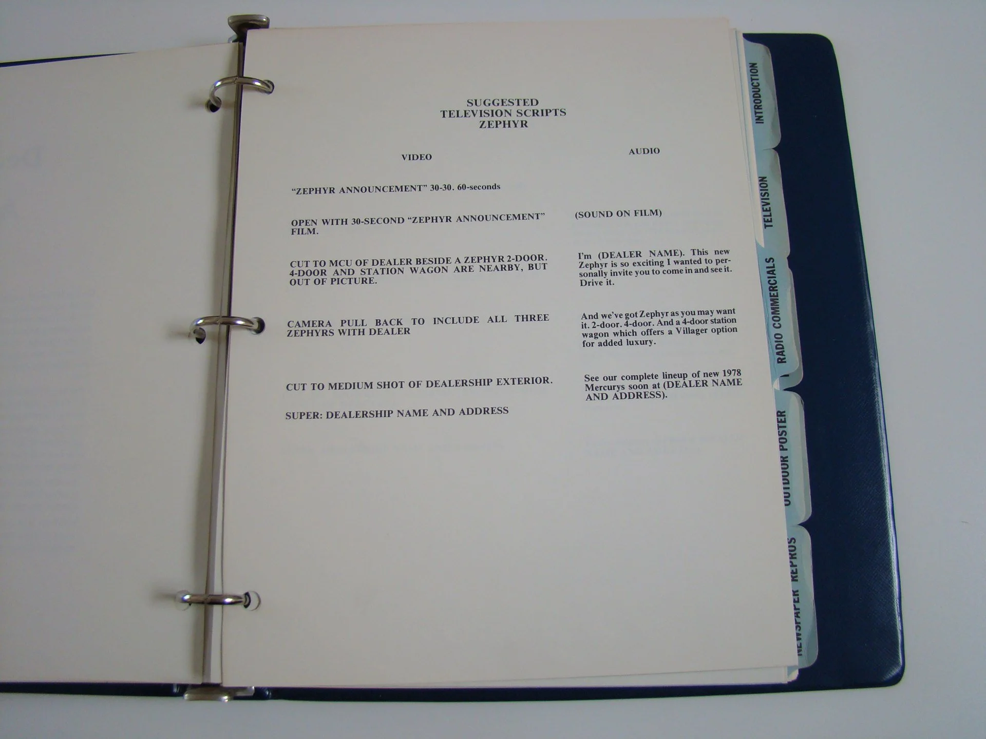 Page of a script or storyboard titled 'Suggested Television Scripts Zephyr' with tabs labeled Introduction, Television, Commercials, Radio Commercial, Poster, and Newsstand on the side.