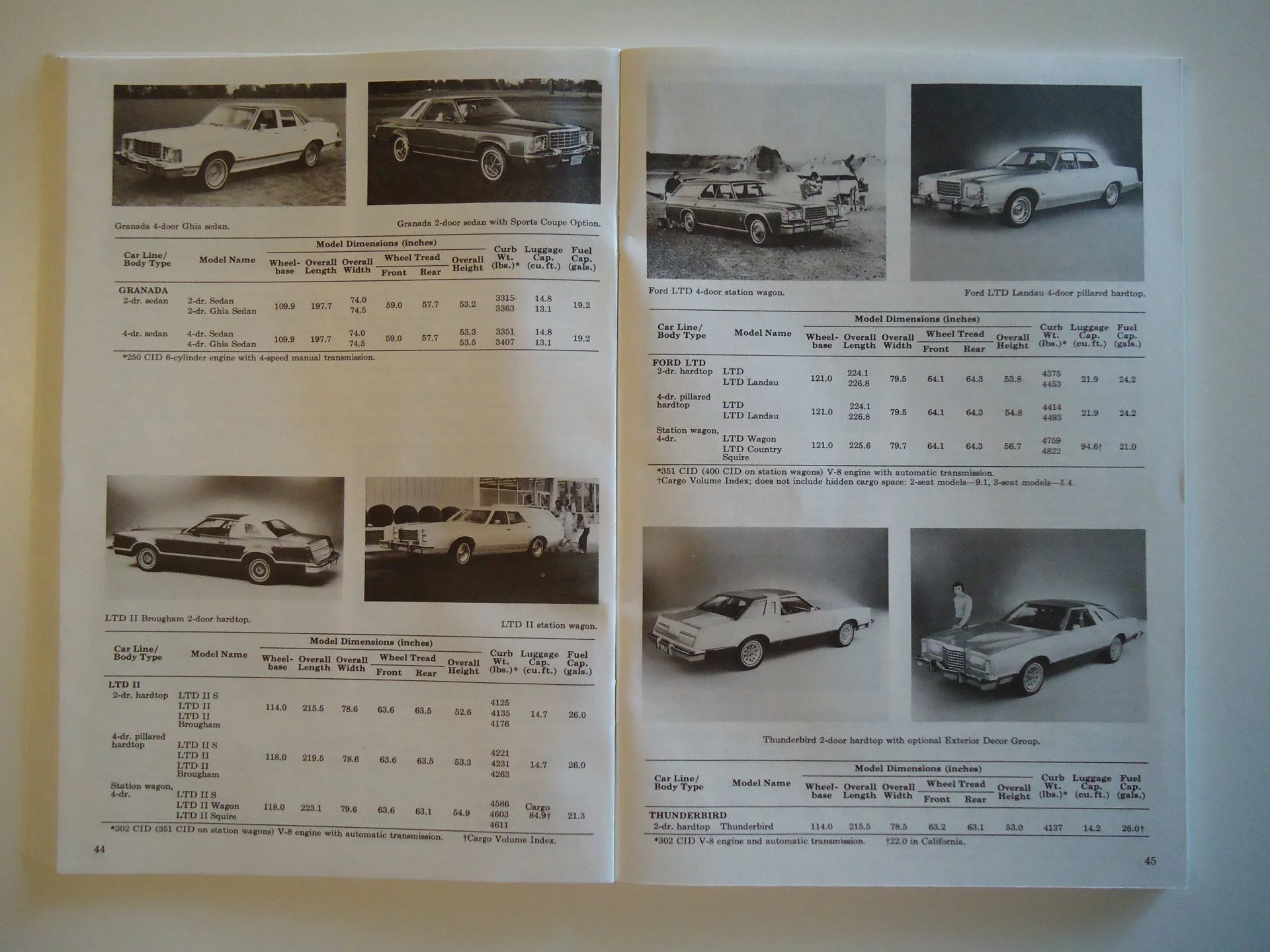 Pages from a vintage car catalog showing black and white photographs and specifications of various Ford and Lincoln vehicles, including sedans, wagons, and hardtops.