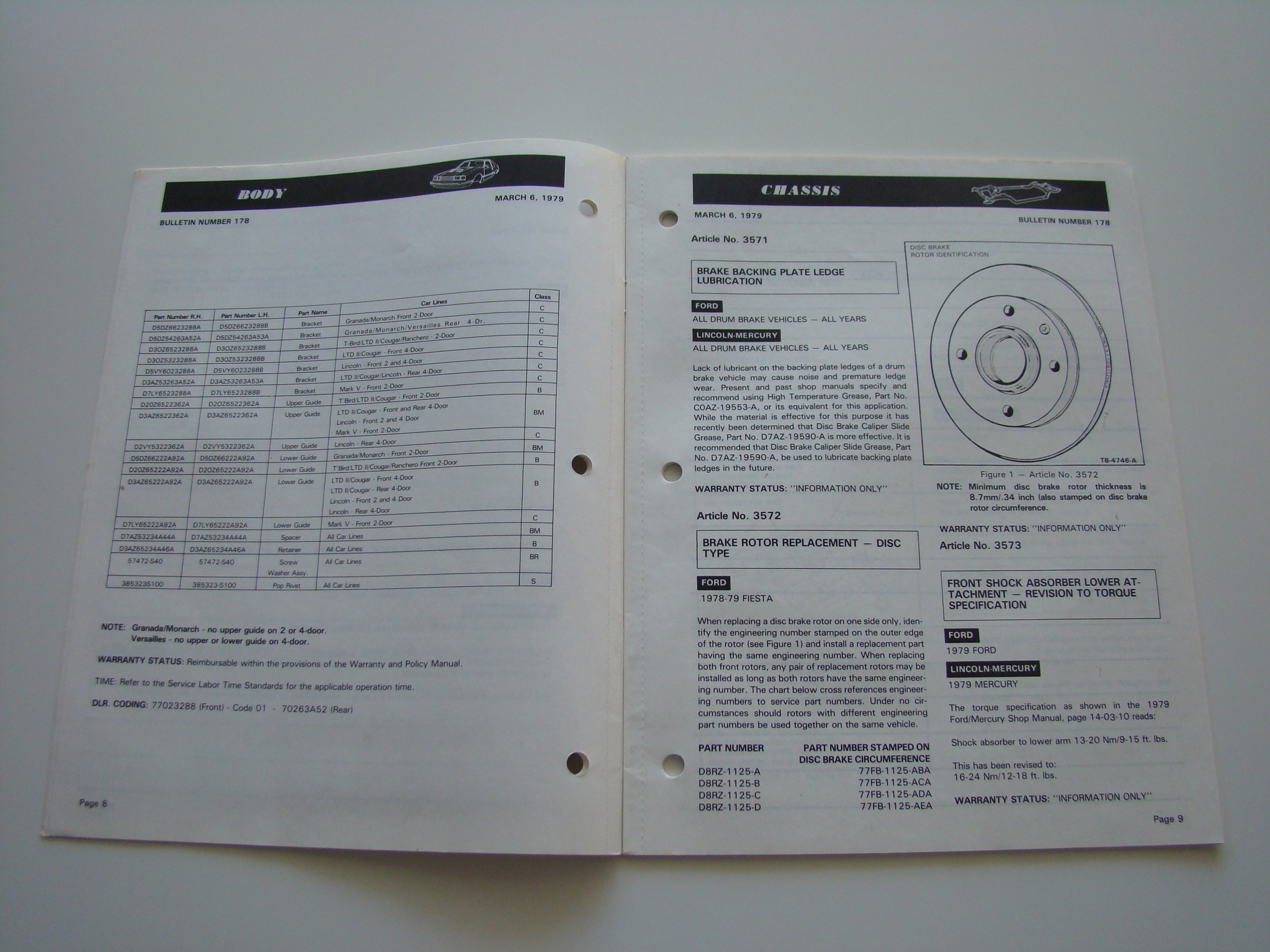 Open car repair manual with diagrams, part lists, and technical specifications for vehicle body and chassis components, dated March 6, 1979.