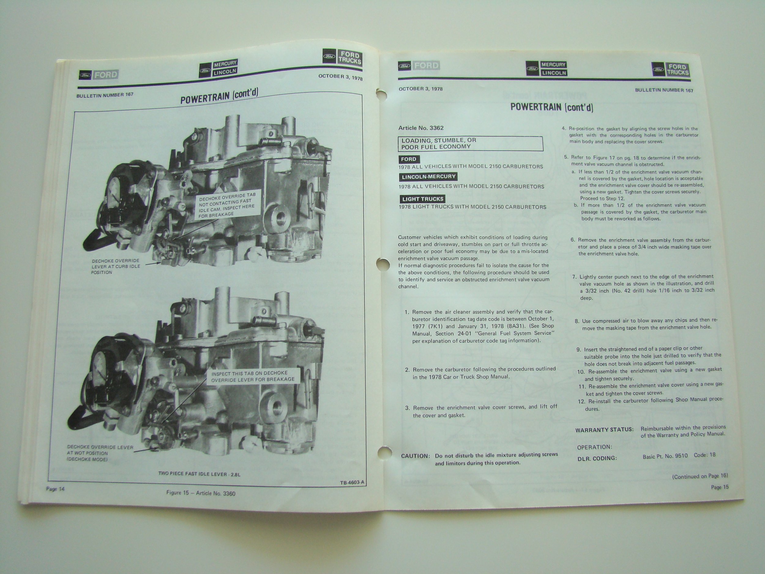 Open vehicle repair manual pages showing black and white diagrams of a carburetor with labels indicating parts and procedures for check and maintenance, including text instructions.