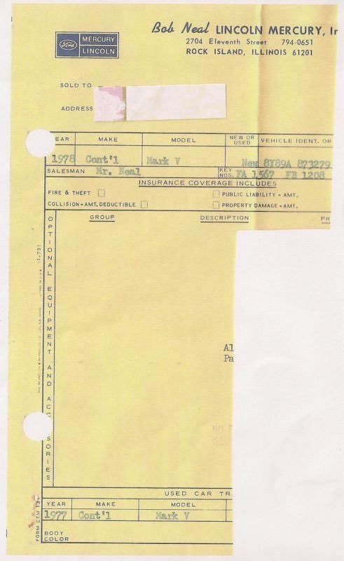 A yellow vehicle registration document from Lincoln Mercury, Inc., showing vehicle details for a 1978 Mercury Mark V, with handwritten text and some parts obscured.