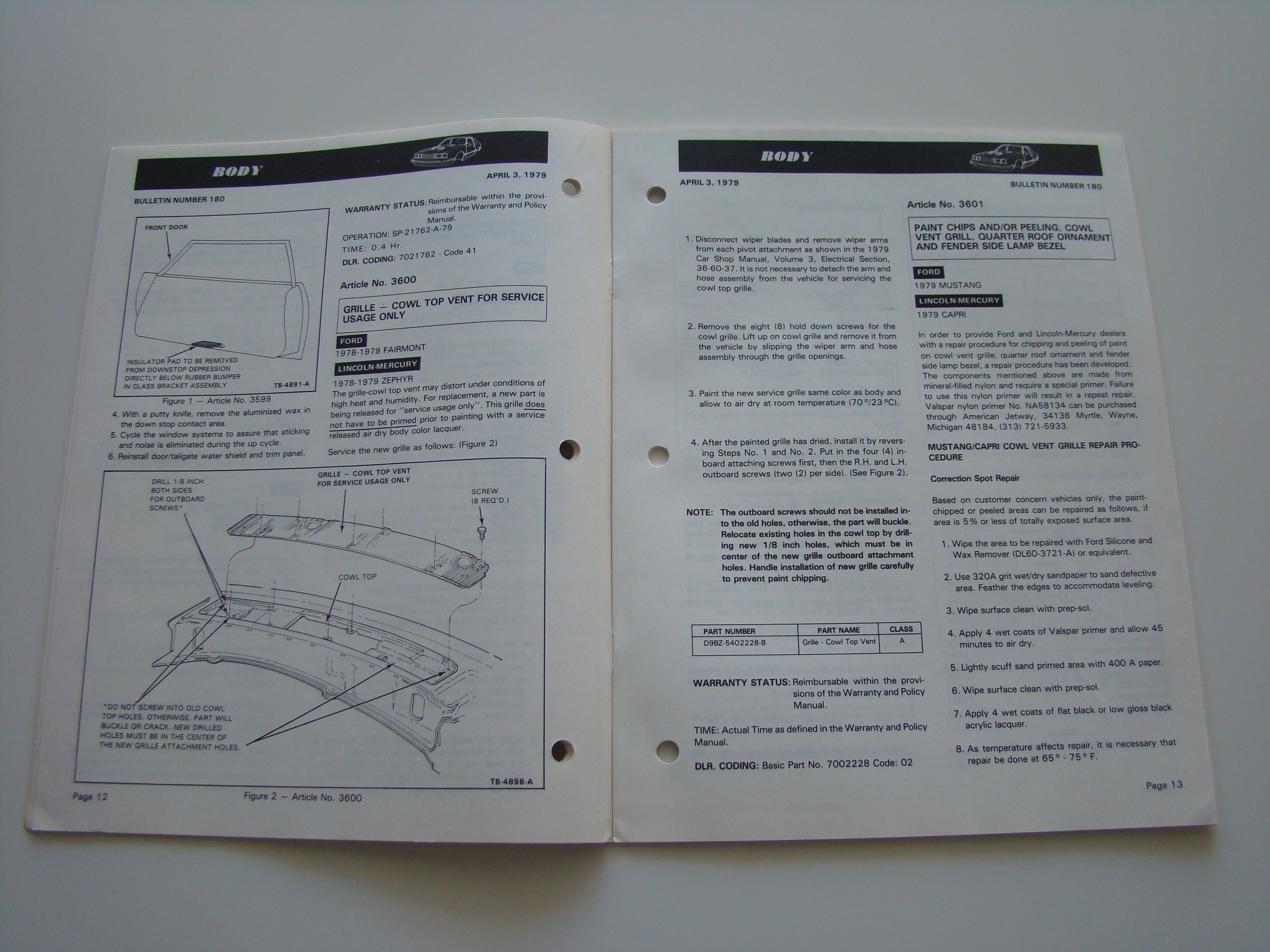 Open car repair manual with illustrations and instructions for servicing a 1978-1979 Ford Fairmont, specifically the cowl top vent grille repair.