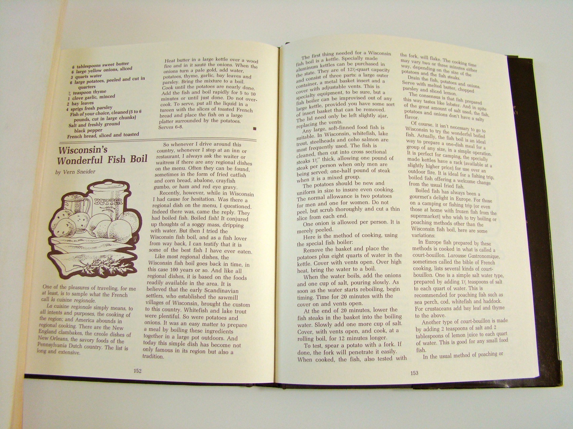 Open cookbook showing a recipe titled 'Wisconsin's Wonderful Fish Boil' by Vern Sneider, with text describing ingredients and cooking methods.