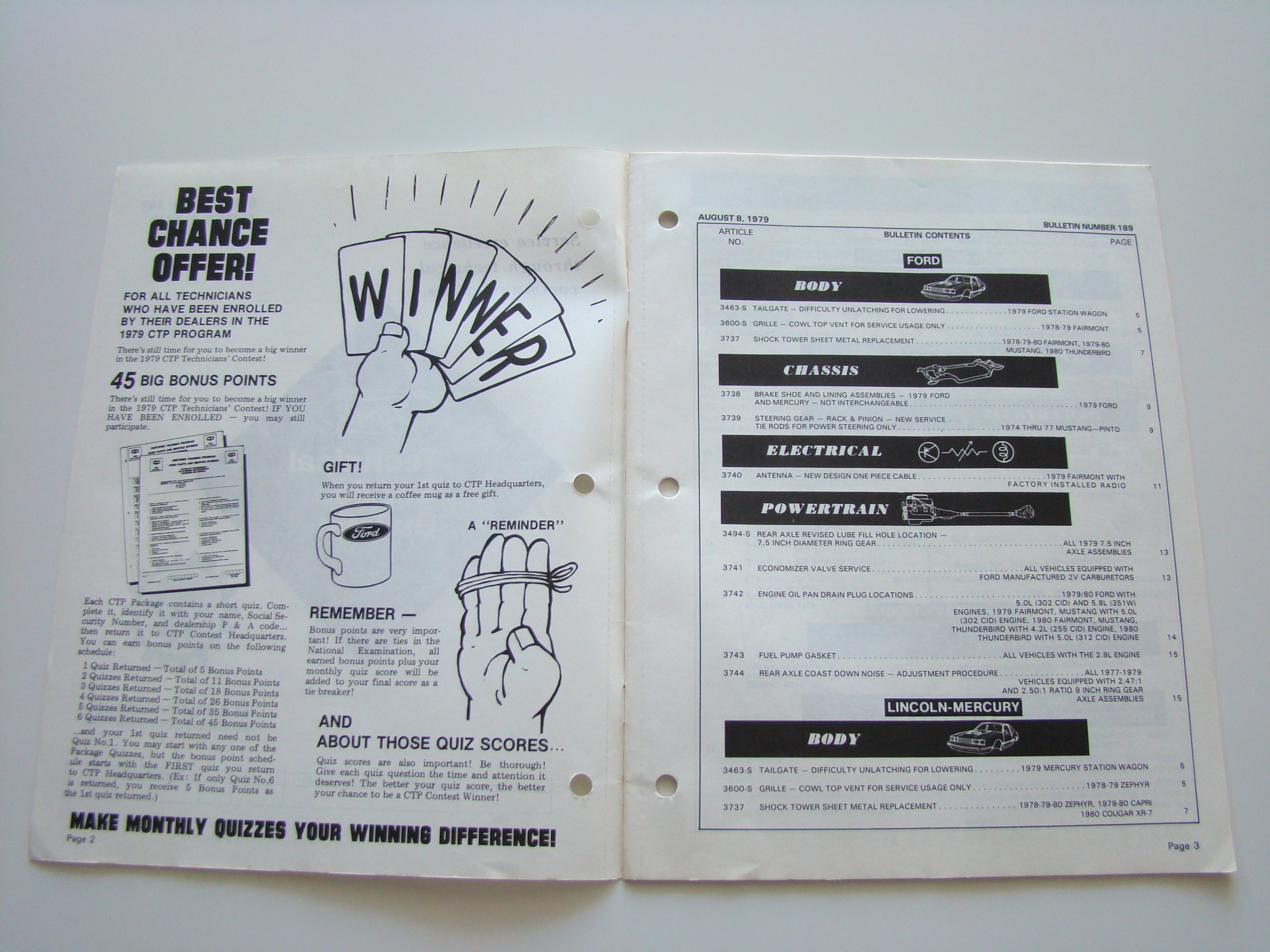 Open booklet with car maintenance information and a page with a