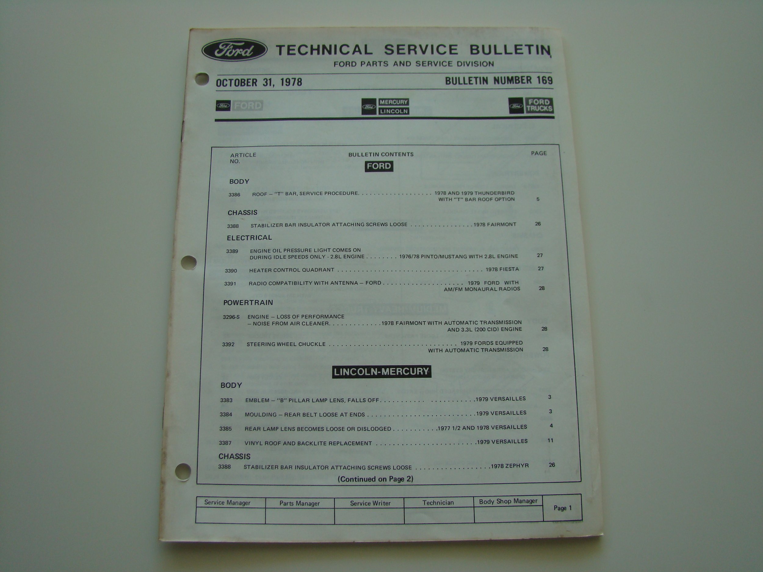A vintage Ford technical service bulletin dated October 31, 1978, listing repair procedures for Ford, Lincoln-Mercury vehicles, including sections on body, chassis, electrical, powertrain, and specific models' parts and service instructions.