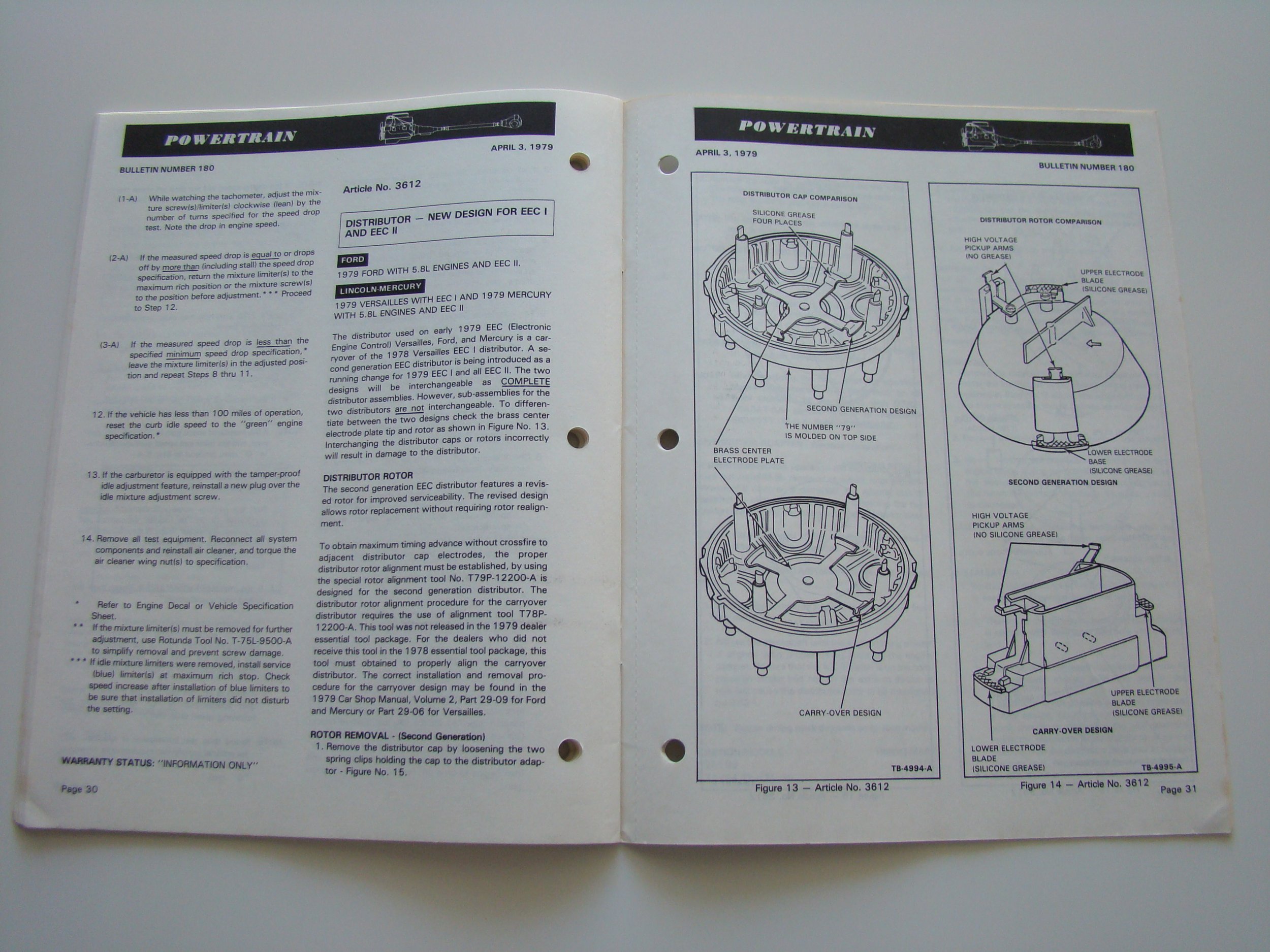 An open vehicle maintenance manual showing text and diagrams about distributor design and rotor removal, dated April 3, 1979.