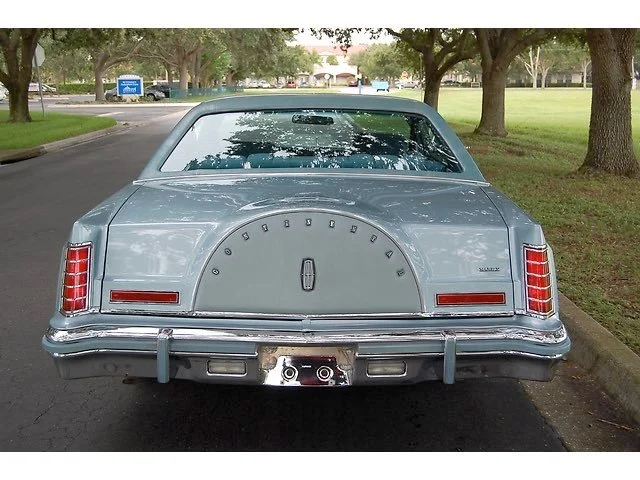 Rear view of a vintage gray Lincoln Continental parked on the street with trees and open park space in the background.