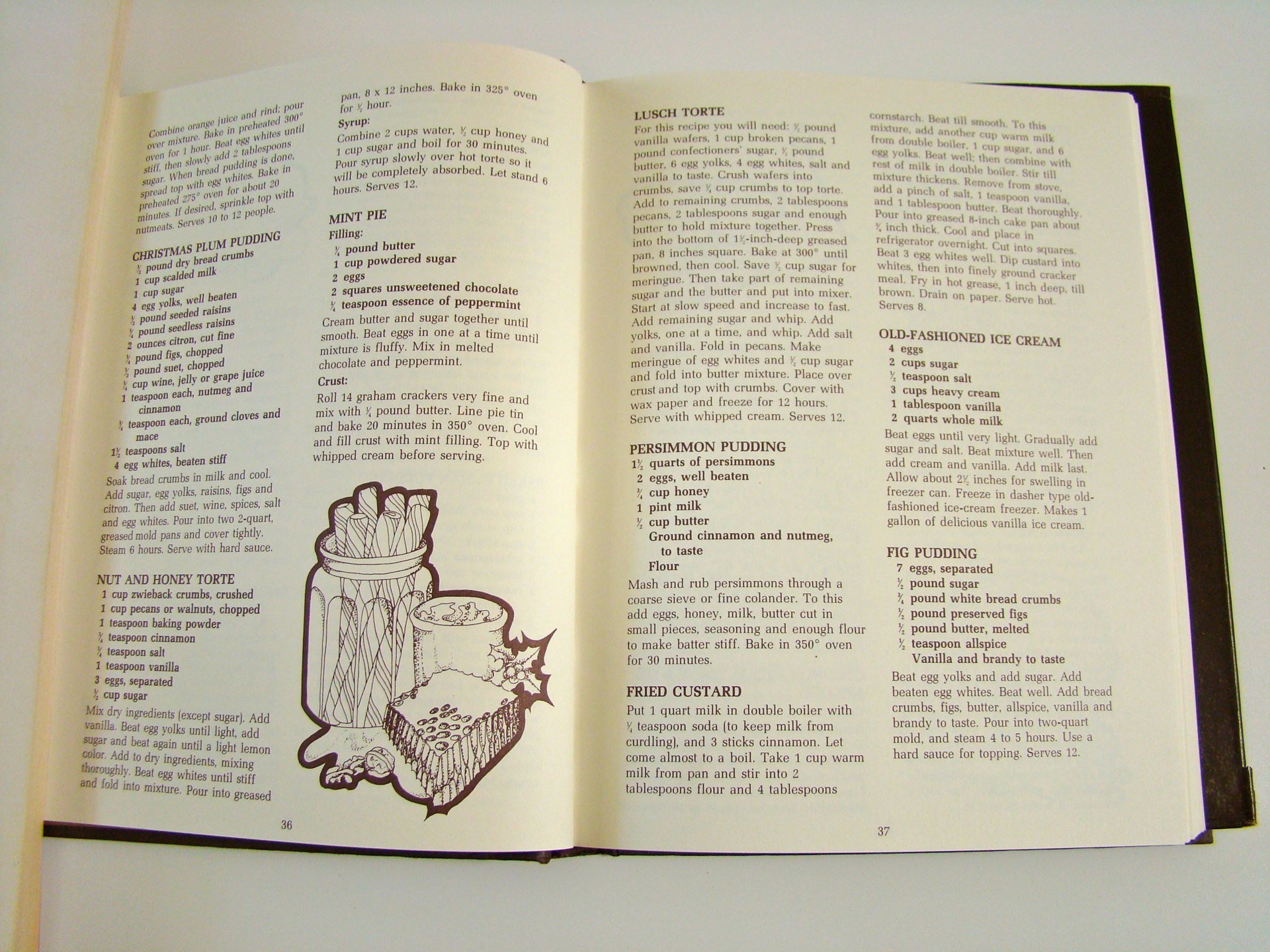 Open recipe book pages with various dessert recipes including Mint Pie, Christmas Plum Pudding, Nut and Honey Torte, Persimmon Pudding, Old-Fashioned Ice Cream, and Fig Pudding, with a black and white illustration of desserts on the left page.