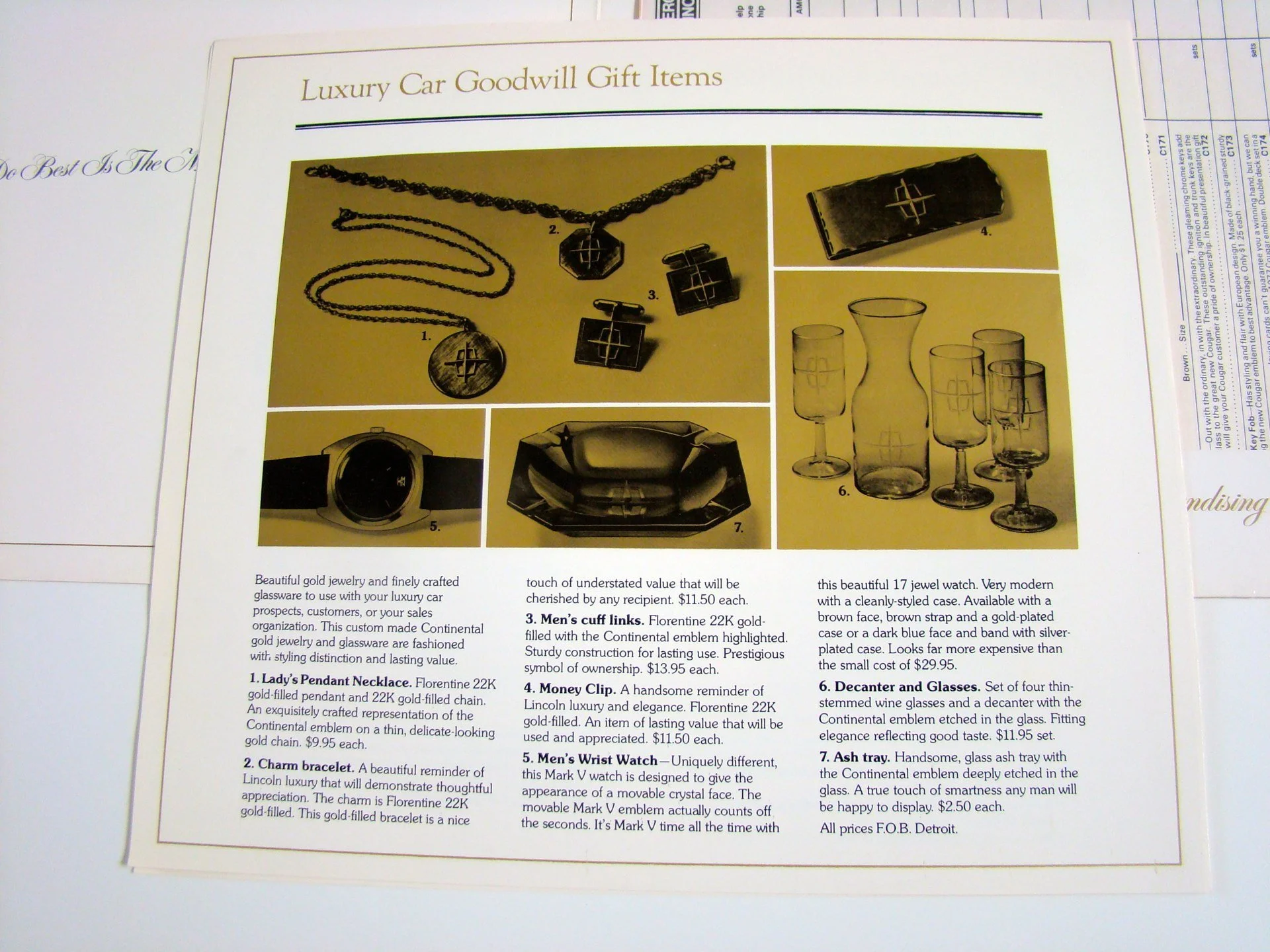 Catalog page titled 'Luxury Car Goodwill Gift Items' displaying images and descriptions of jewelry, watches, glassware, and accessories suitable for luxury car prospects and customers.