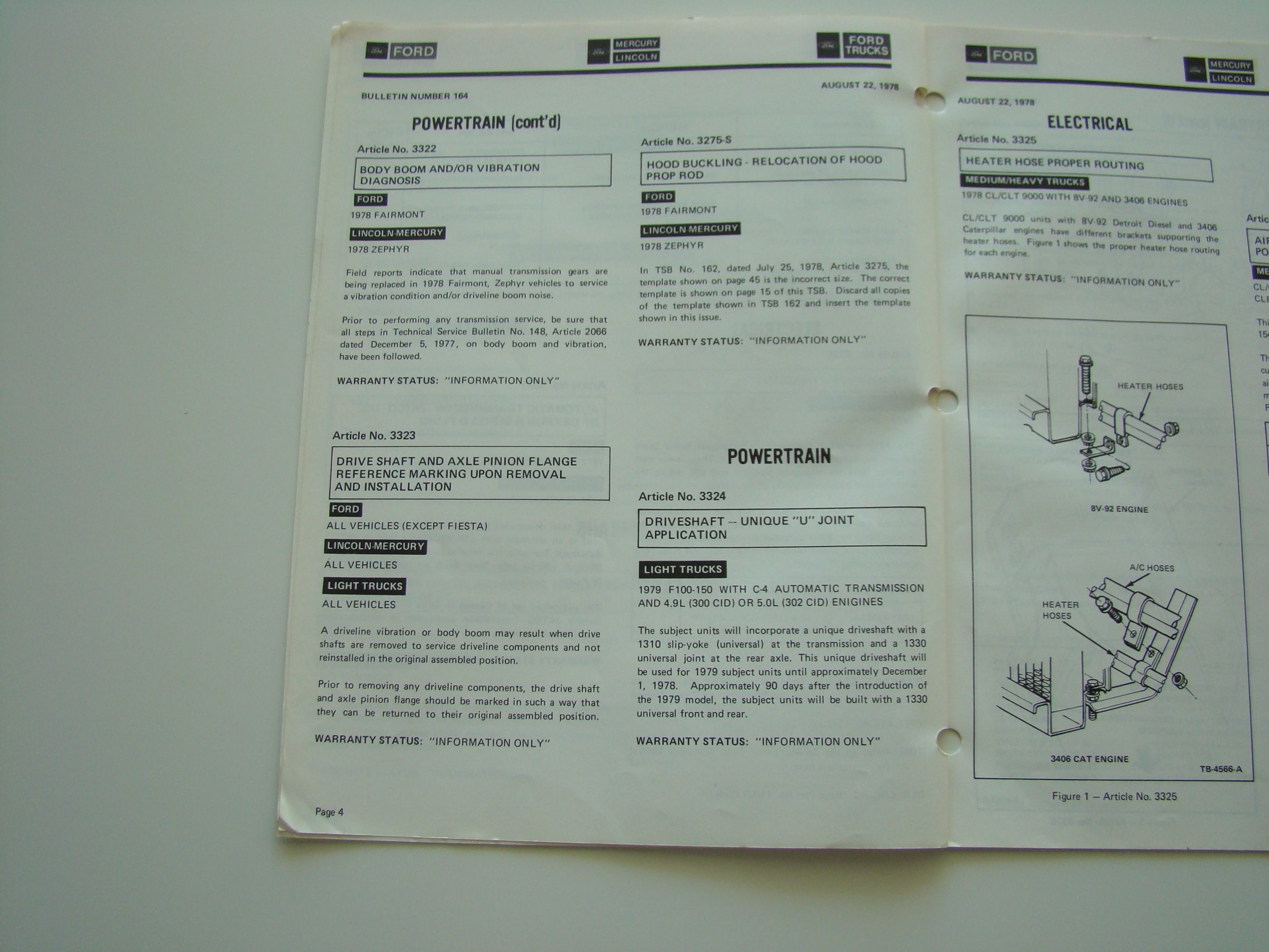Two-page car service bulletin, the left page covers powertrain topics and the right page covers electrical topics, both dated August 22, 1978.