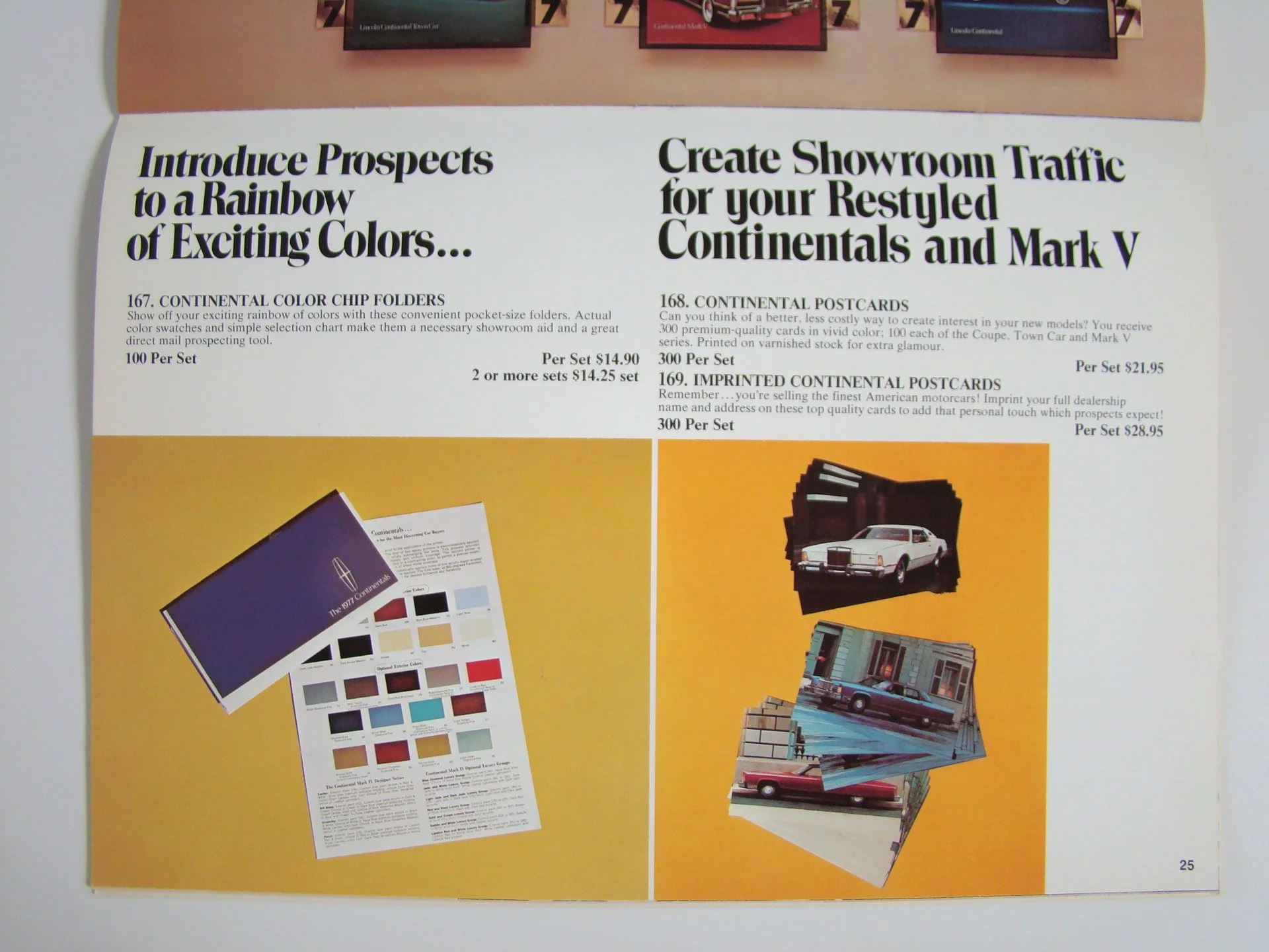 A magazine page showing car marketing materials, including color chip folders and postcards with vintage car images, on yellow backgrounds.