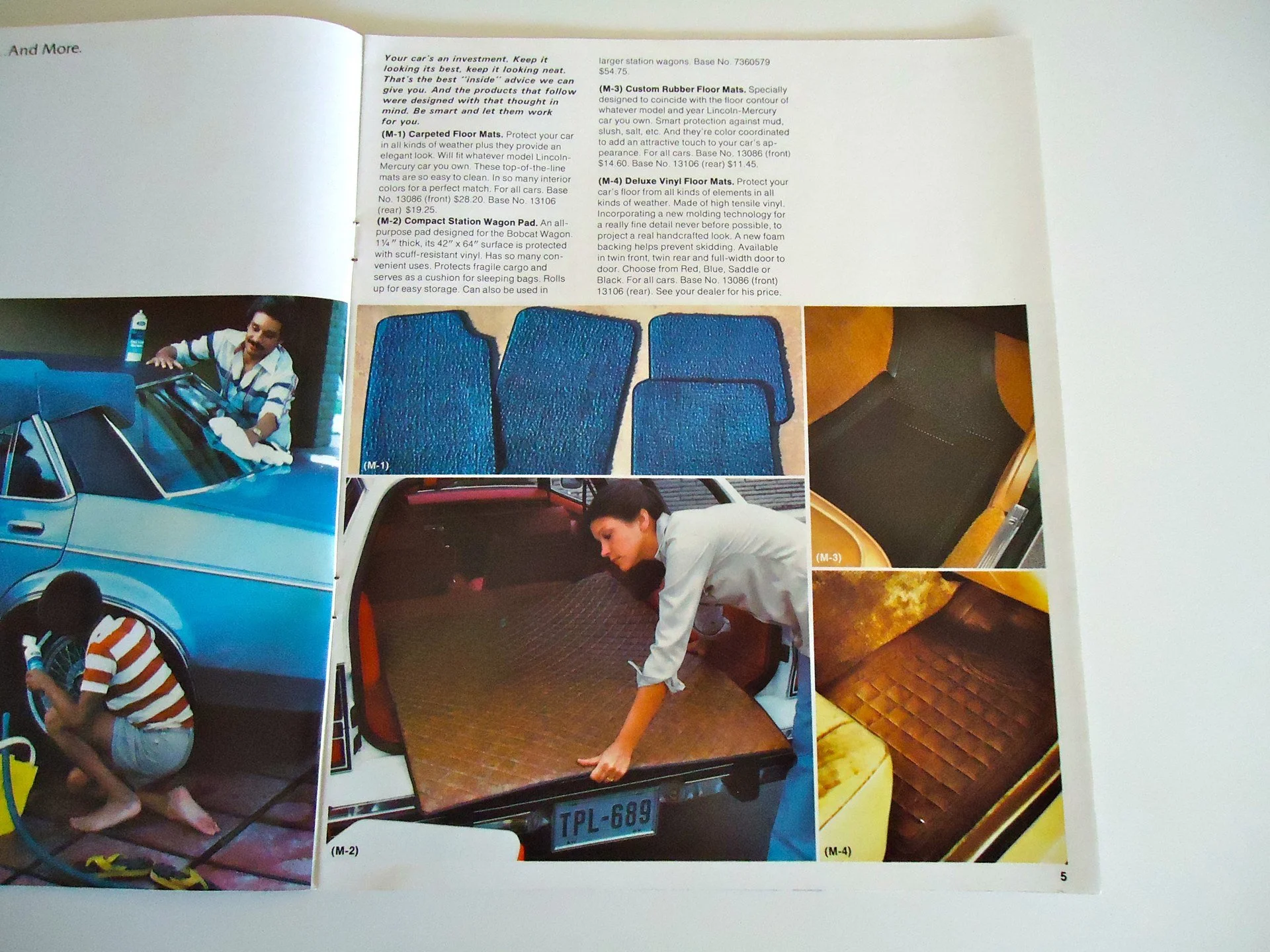 Collage of four images showing different car accessories and people demonstrating their use. Top row features blue car floor mats, middle row has a person inspecting the trunk of a car with a brown mat, and bottom row shows a person cleaning a car us