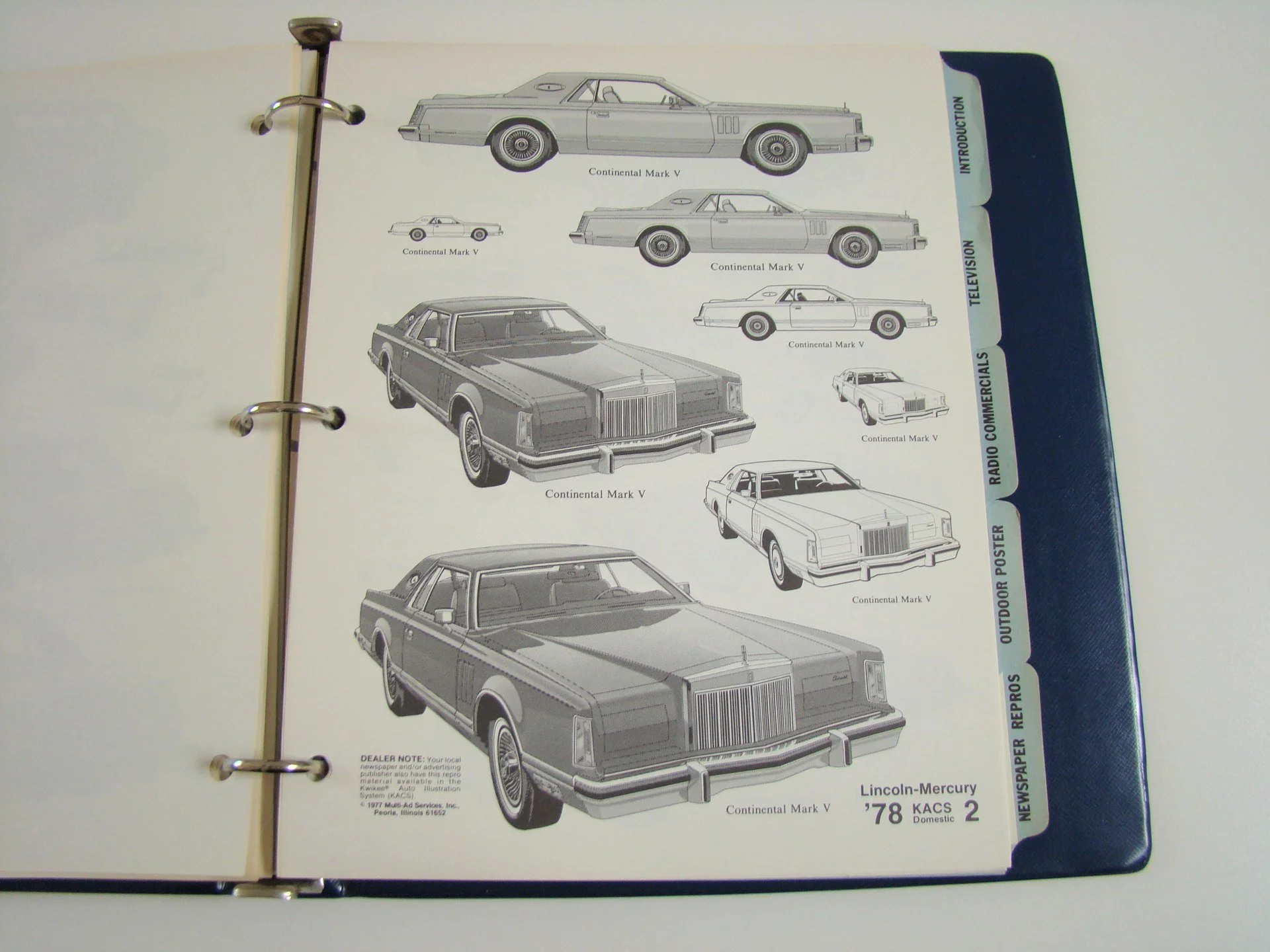 Page showing sketches of different Lincoln Continental Mark V cars from 1978, with sections labeled for introduction, television, radio commercials, outdoor posters, newspaper reprints.