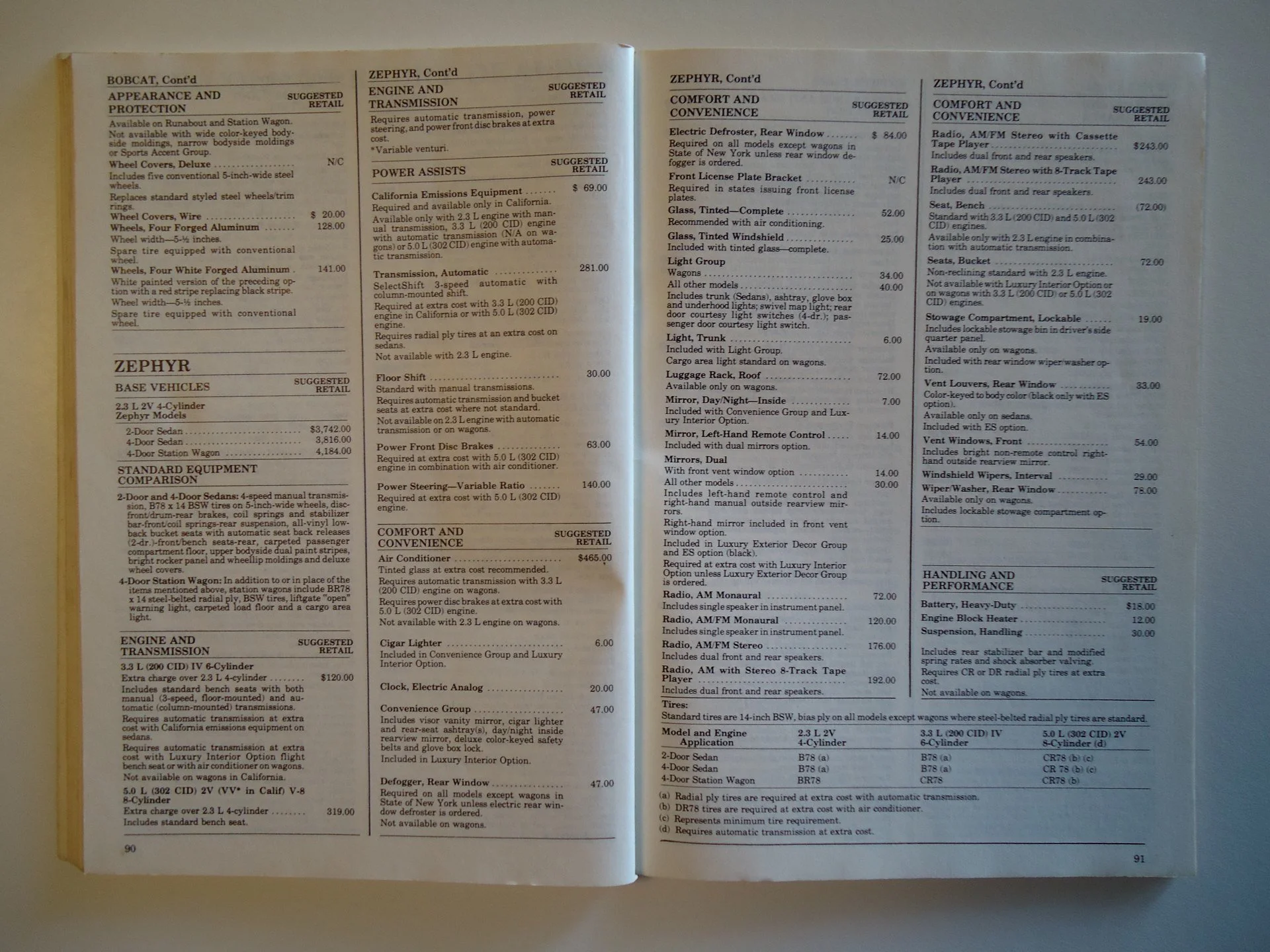 Open car manual showing specifications and options for Zephyr and other car models, including engine details, standard equipment, and comfort features.