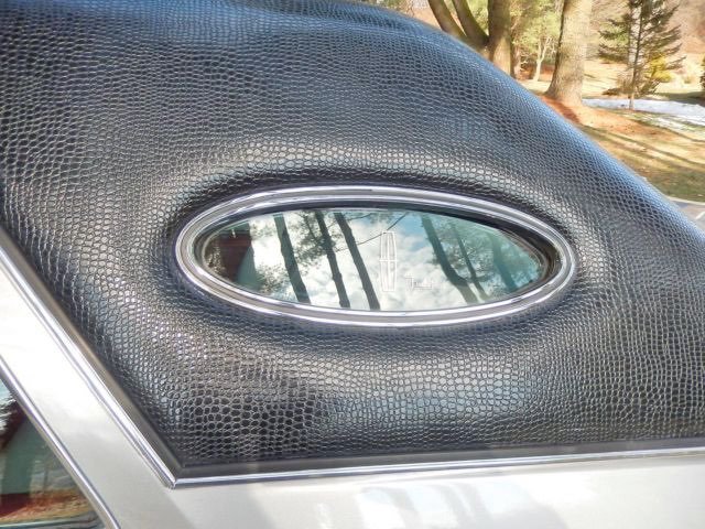 A close-up of a car roof with a small, oval-shaped window, featuring a textured black surface around it, and trees reflecting in the window.