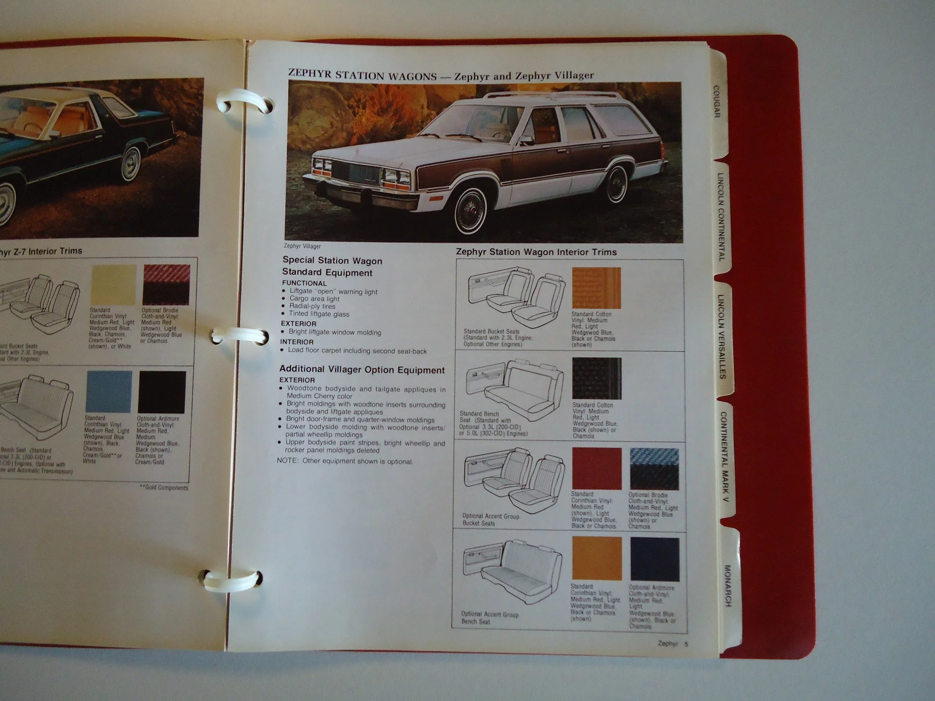 Open vehicle catalog showing a classic station wagon and interior trim options for the Zephy and Zephy Villager models.