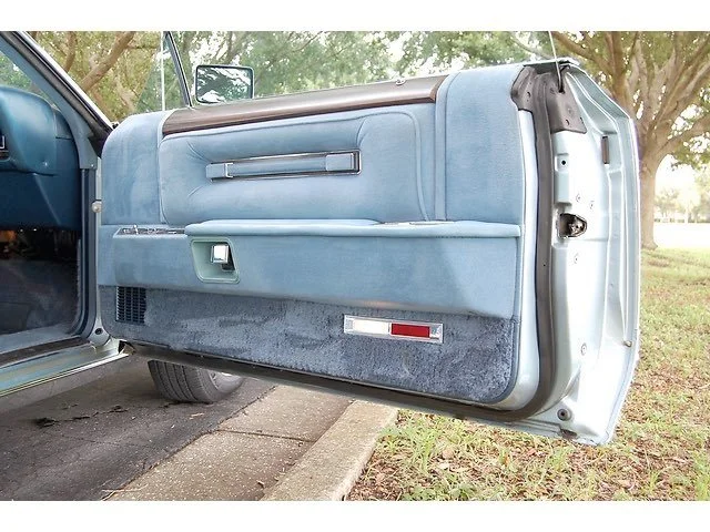 Inside of a vintage car door with blue upholstery, door handle, window crank, and speaker.
