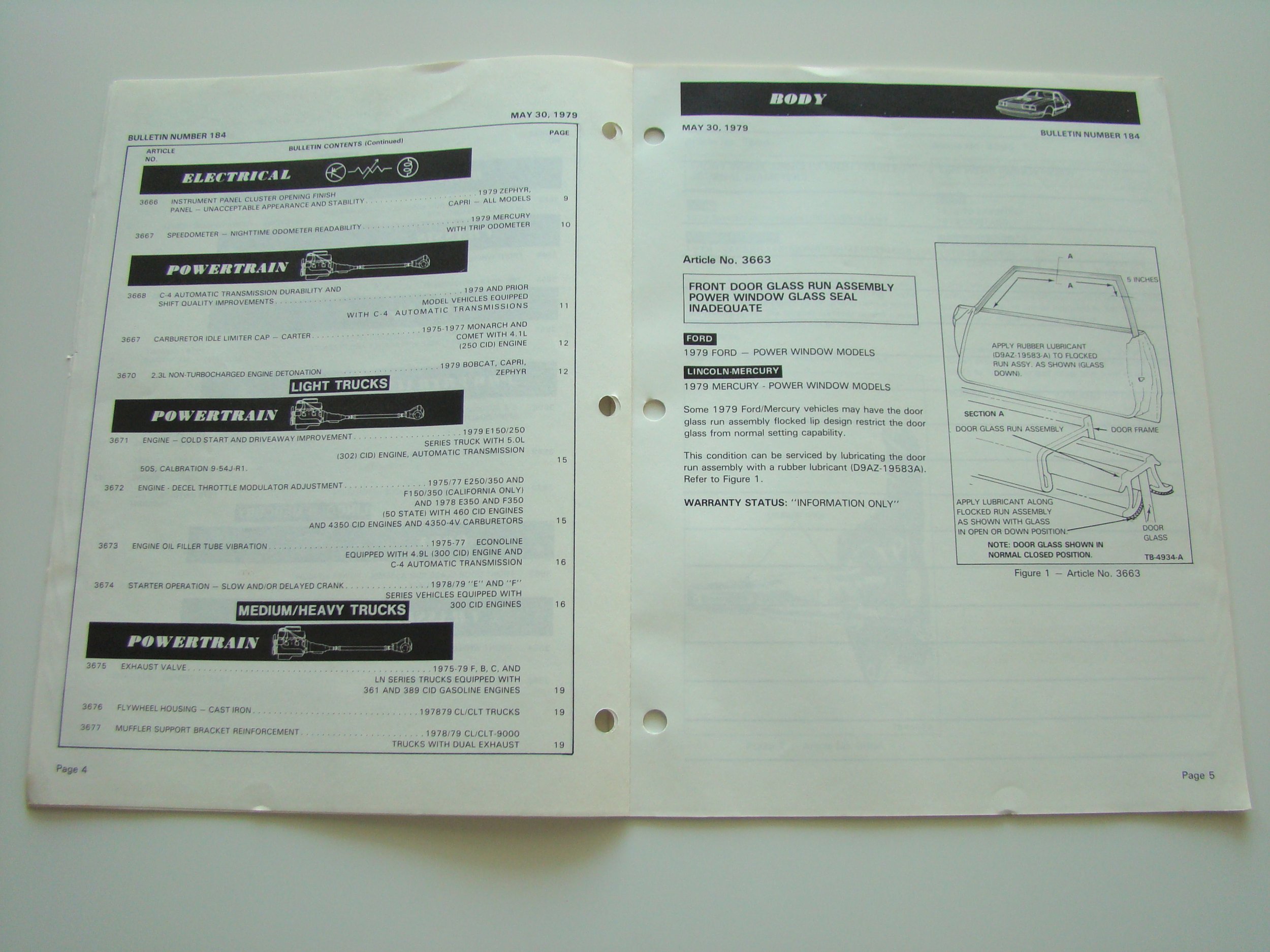 Open car repair manual pages from May 30, 1979, showing information about electrical systems, powertrain, light trucks, and warranty details with diagrams of door glass run assembly and power window models.