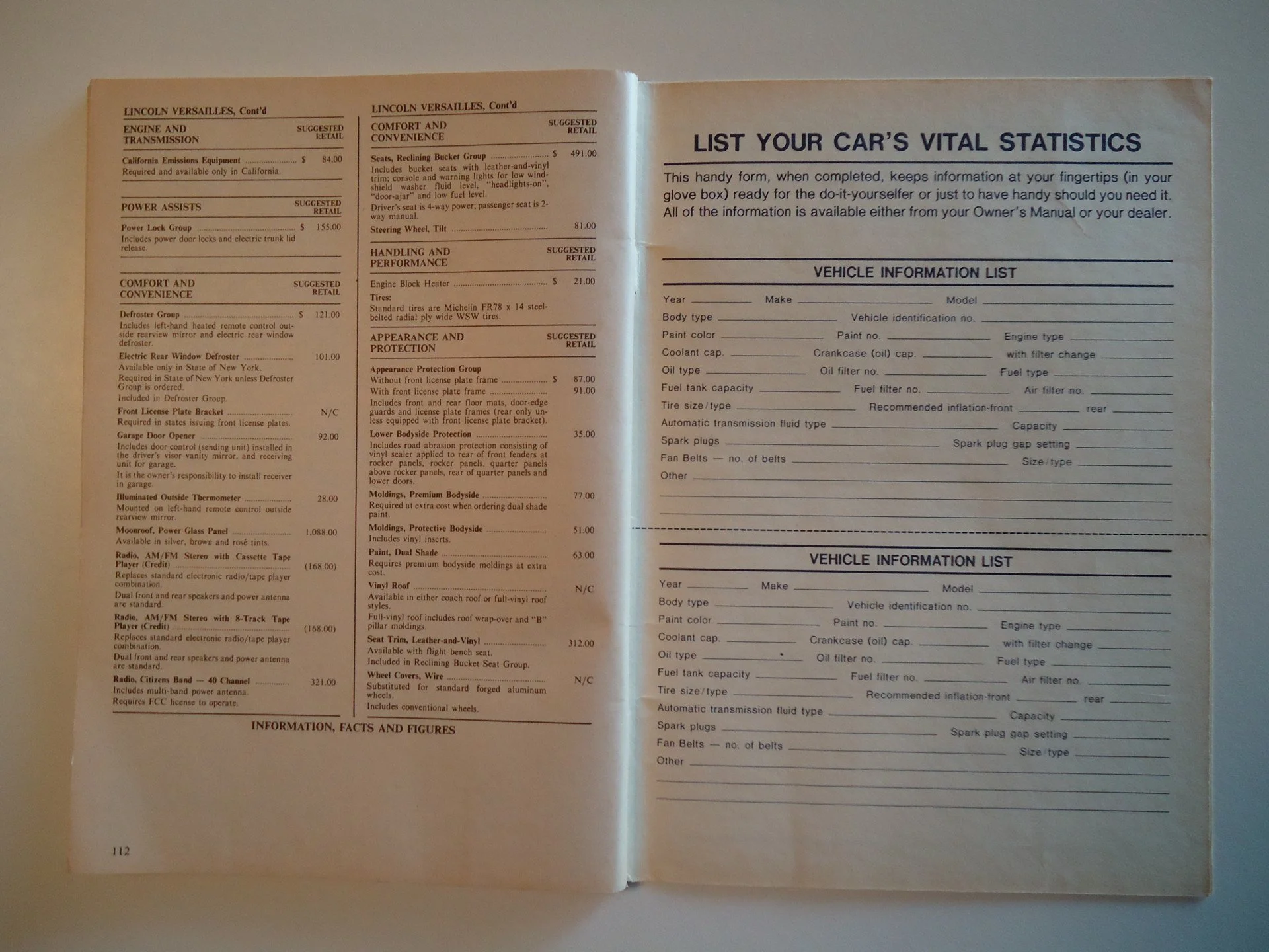 A car owner's manual opened to pages titled "List Your Car's Vital Statistics" and various vehicle information lists and maintenance schedules.