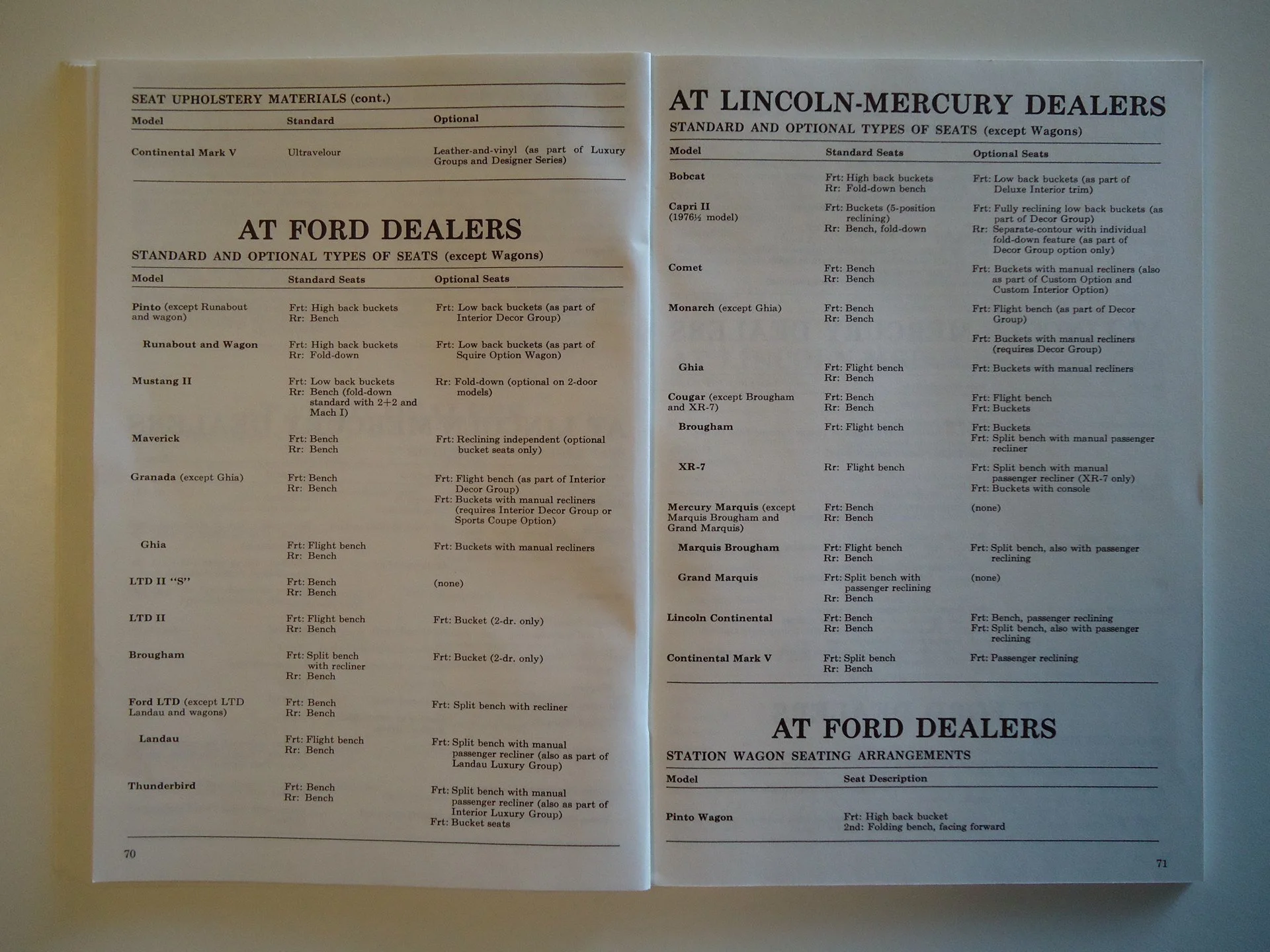 Pages from a vintage car dealership manual with lists of seat upholstery materials and seating arrangements for Ford and Lincoln-Mercury vehicles.