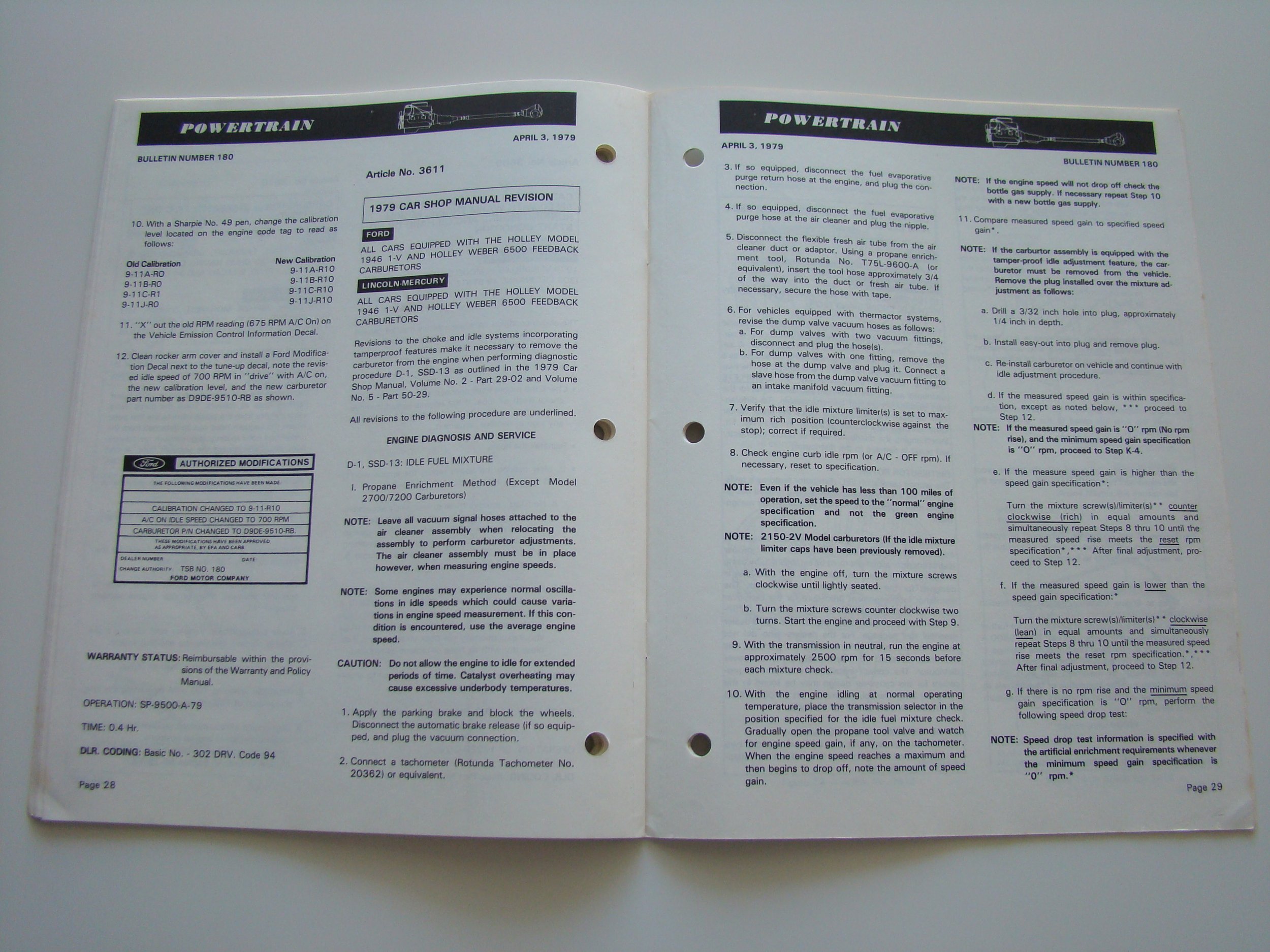 Open car manual for powertrain, engine diagnostics, and service procedures, dated April 3, 1979.
