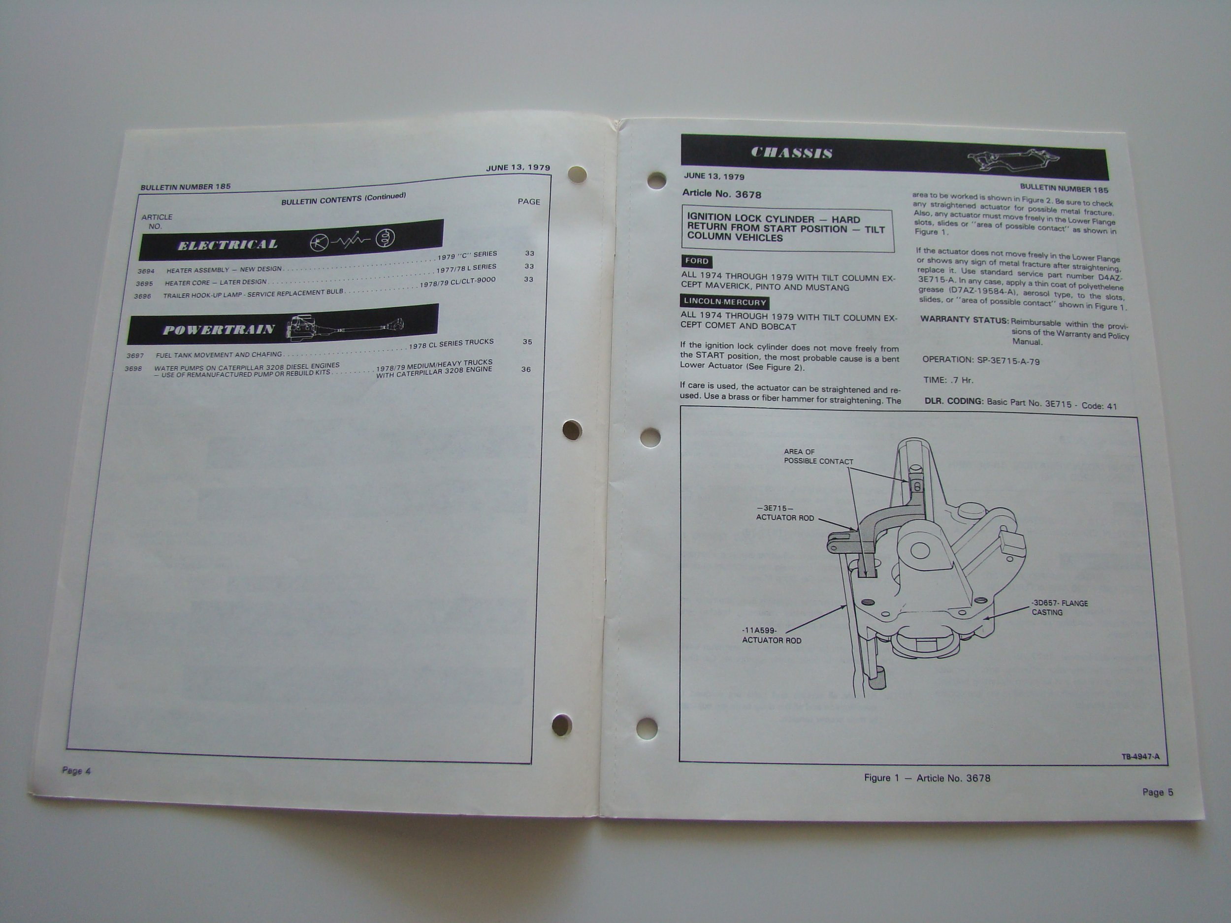 Open vehicle maintenance manual with technical diagrams and text on pages 4 and 5. The left page covers electrical system and powertrain details, while the right page discusses chassis components, including a diagram of the ignition lock cylinder and