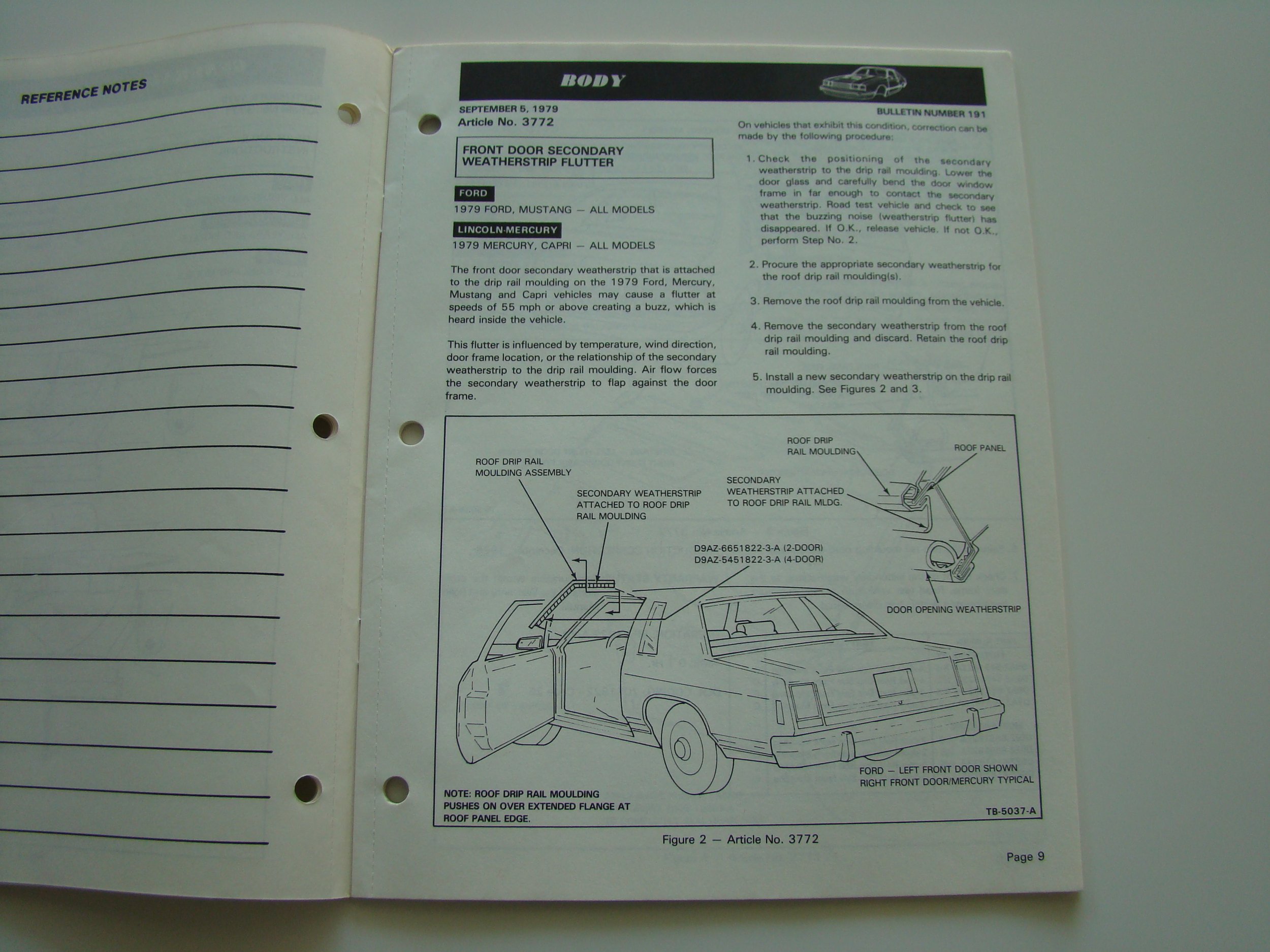 Diagram and instructions for installing secondary weatherstrips on a 1979 Ford vehicle's front doors, with labeled parts and a side view of the car showing door weatherstrips.