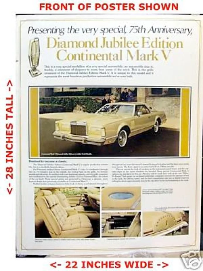 A vintage poster celebrating the 75th anniversary of the Diamond Jubilee Edition Continental Mark V car, featuring images of the car exterior and interior, with red annotations indicating dimensions and describing the poster's content.
